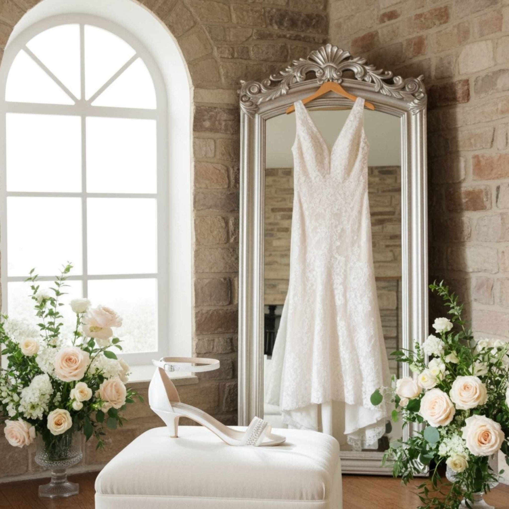 White wedding dress hanging on a mirror in a room with flowers and bridal shoes.
