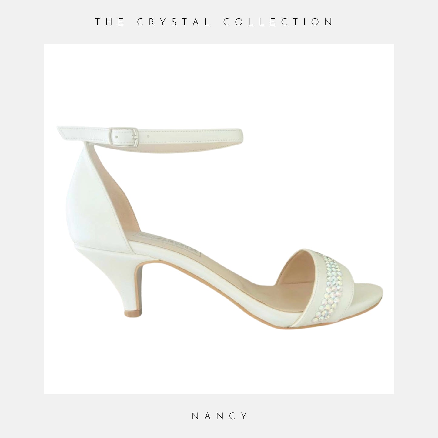 Ivory high-heeled shoe with pearl embellishments on a light grey background, labelled 'Nancy' under 'The Crystal Collection'.