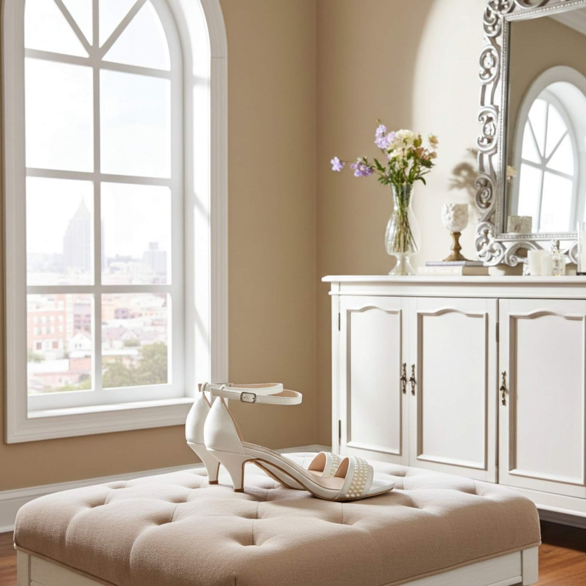 Ivory kitten heeled shoes on a beige ottoman in a room with a large window and decorative mirror.