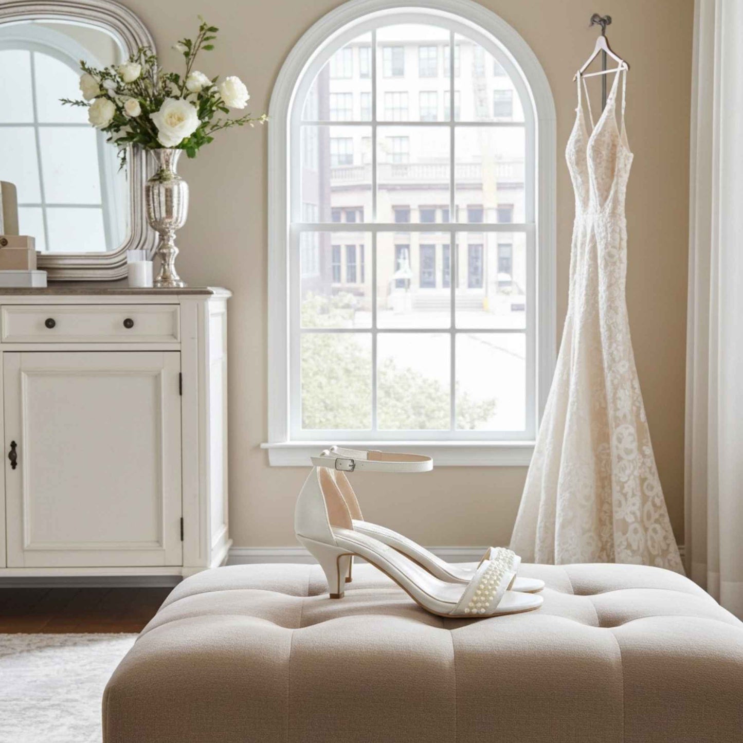 White wedding dress hanging on a rack next to ivory bridal shoes with pearls on a beige ottoman in a room with a large window.