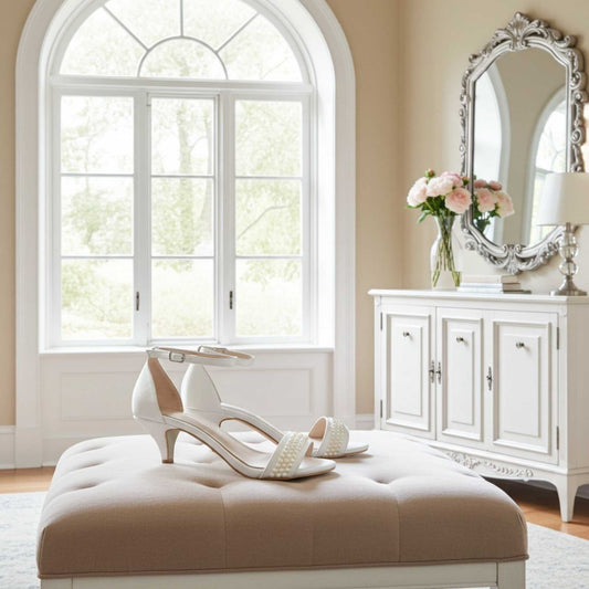 Ivory kitten heeled shoes on a beige ottoman in a room with a large window and decorative mirror.