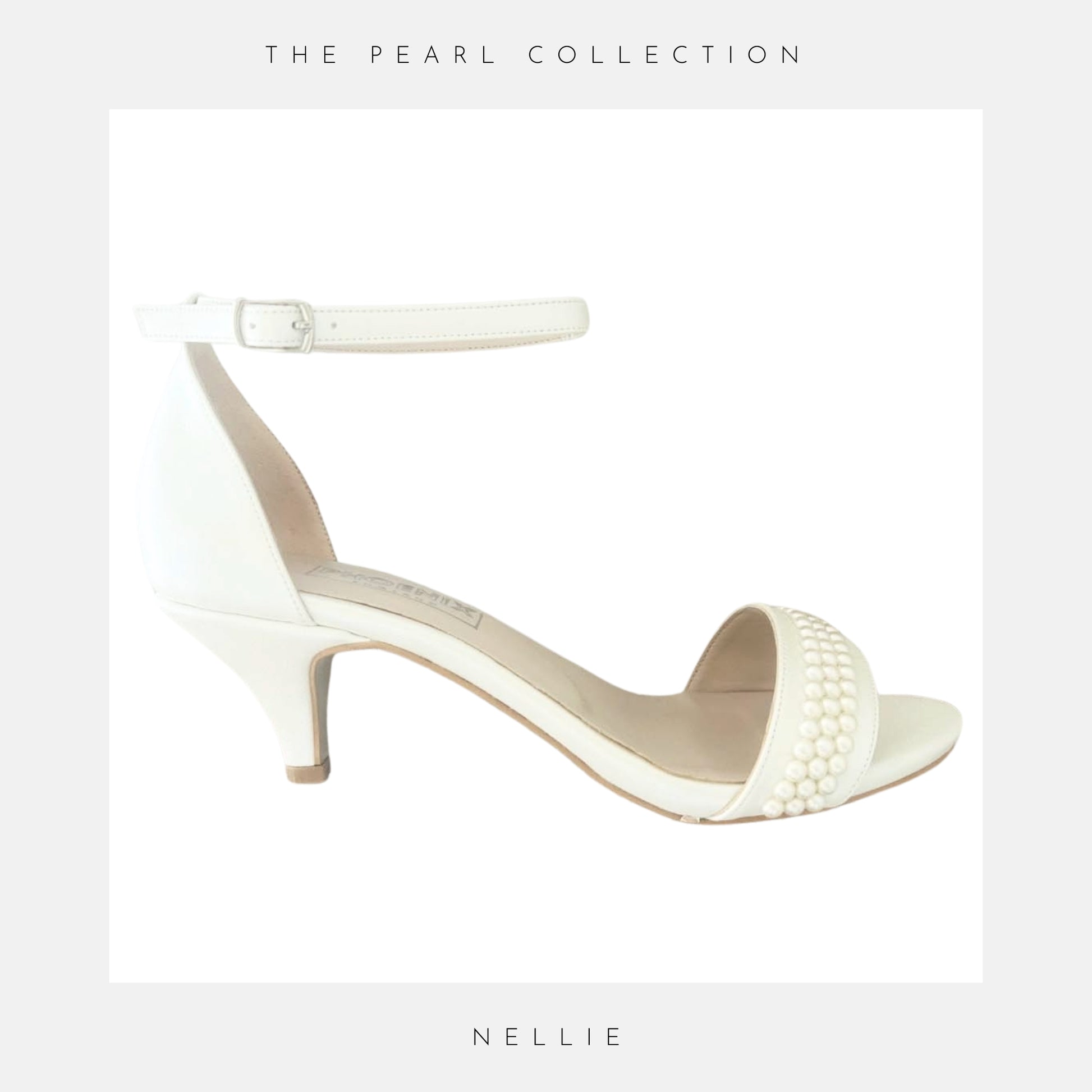Ivory high-heeled sandal with pearl details on a light grey background, labelled 'NELLIE' from 'THE PEARL COLLECTION'.