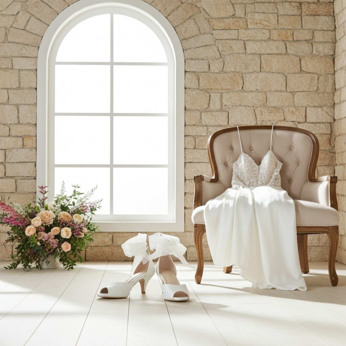 Peep toe kitten heel bridal shoes with floral display and bridal gown on a chair.
