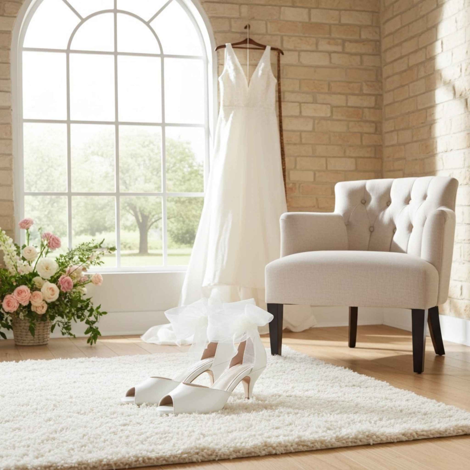Peep toe organza wedding shoes with bridal gown hung up and view of the gardens outside.