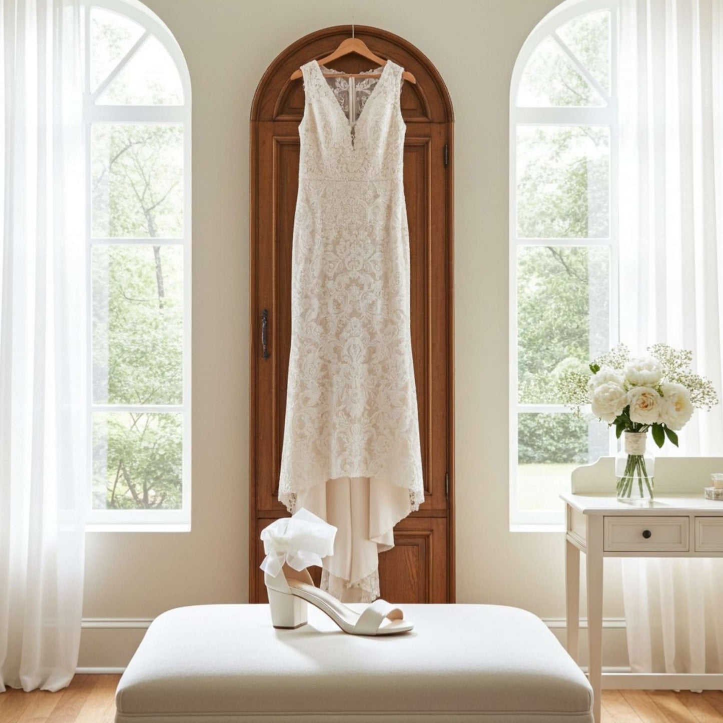 Ivory lace wedding dress hanging on a wooden door with single ivory low block shoes and a vase of flowers in a room with large windows.