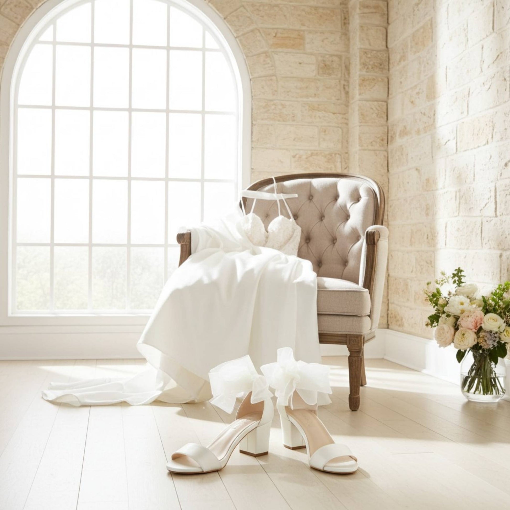 Bridal gown on a beige chair with low block heel bridal sandals in front and peach flowers in vase.