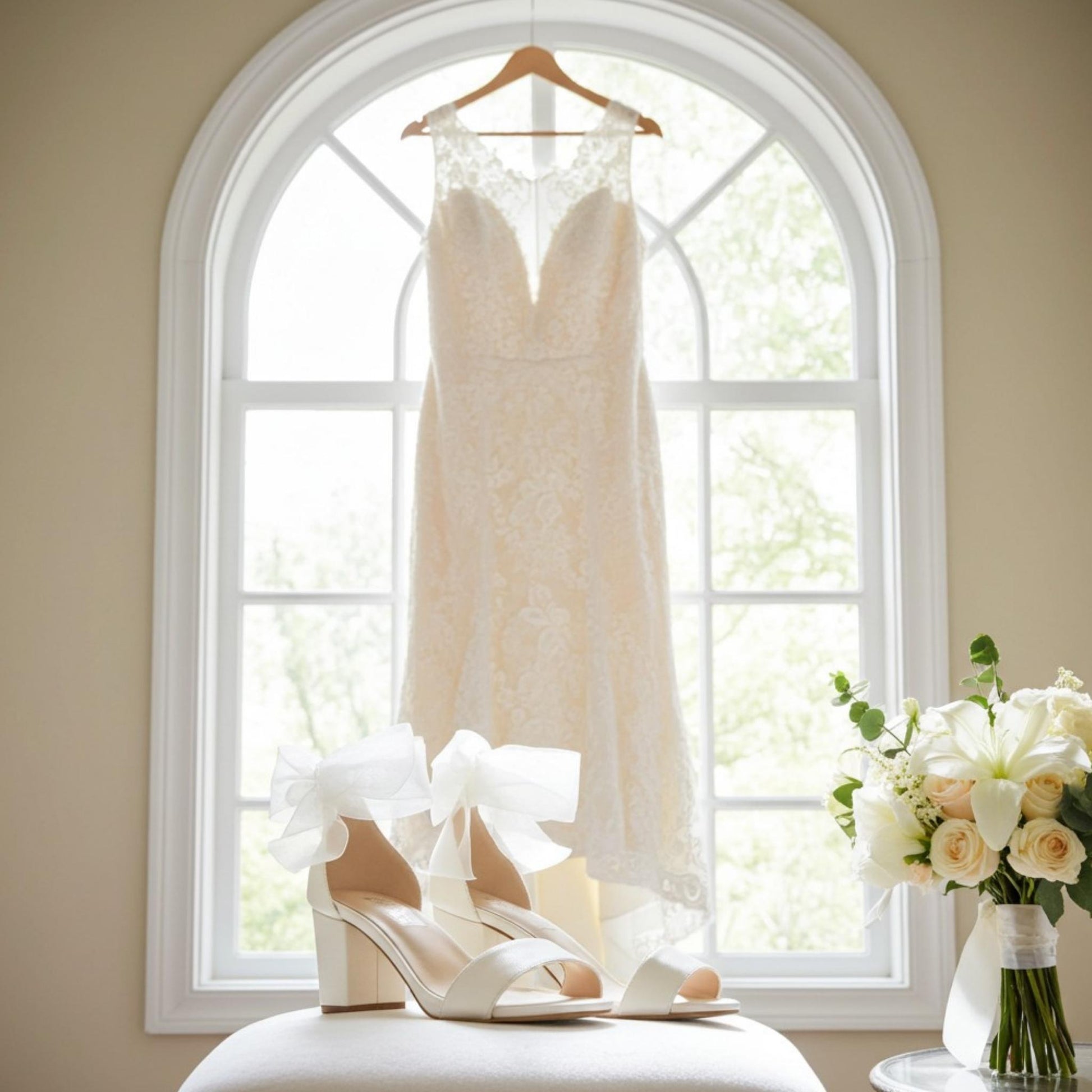 Ivory lace wedding dress hanging in front of a window with ivory low block heel bridal shoes and flowers on a table.