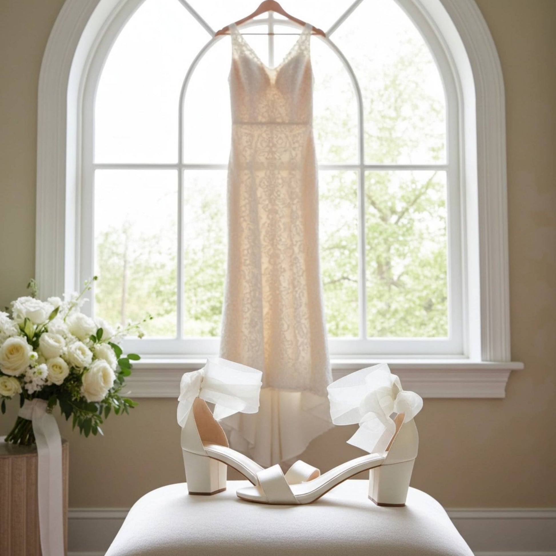 Wedding dress with open toe low block shoes and flowers in front of a large window
