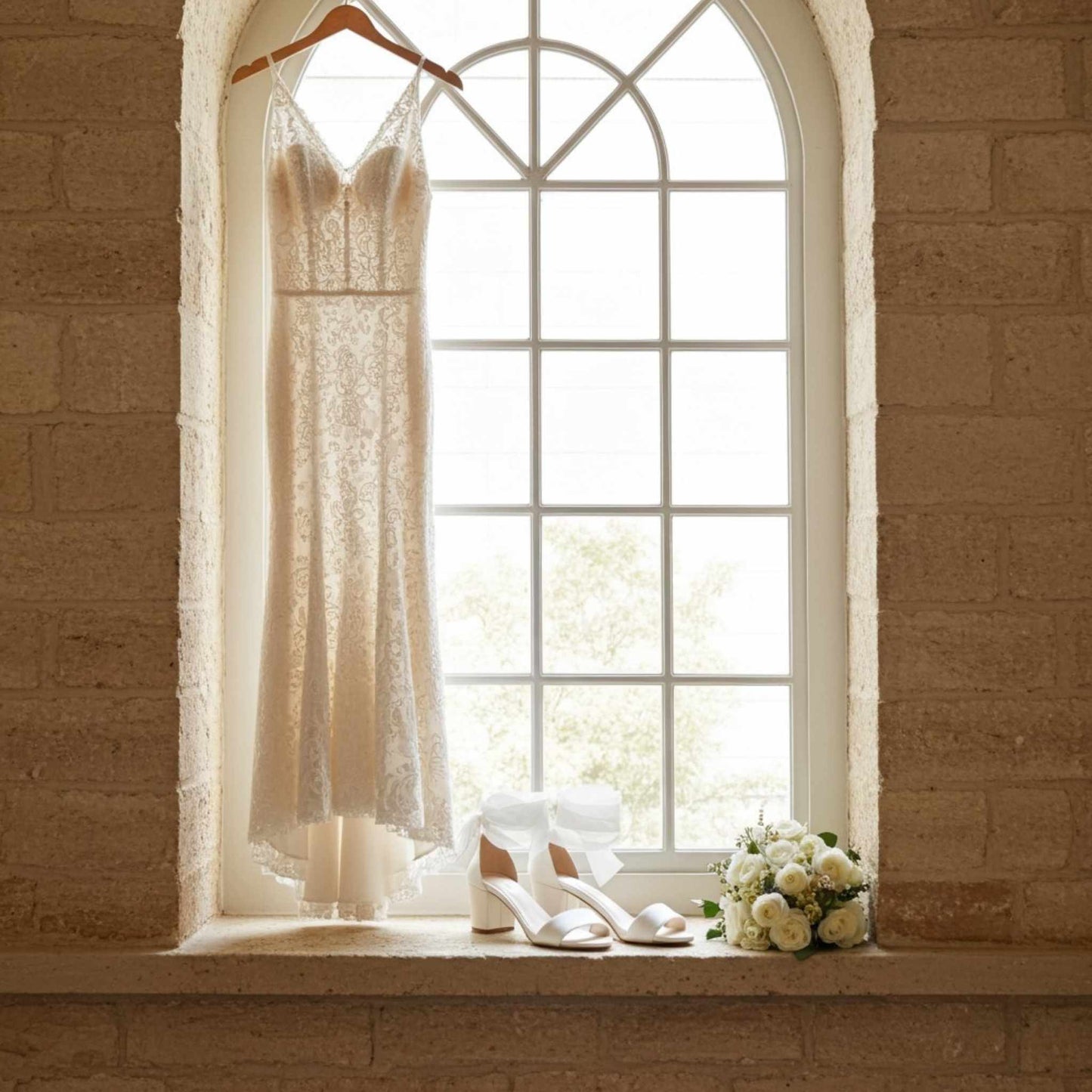 Wedding dress on a hanger with low block heel shoes and flowers on a windowsill in a rustic setting