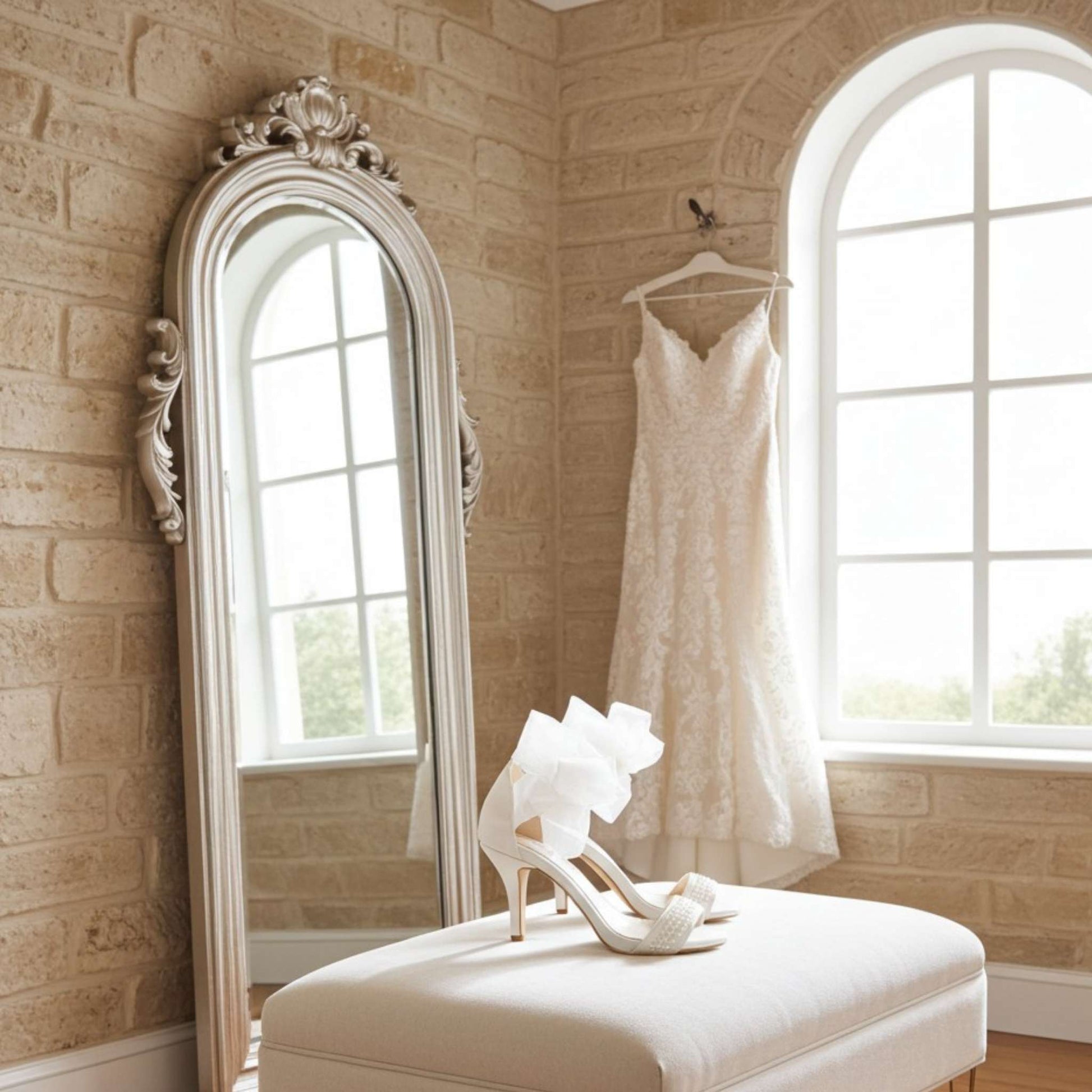 White wedding dress hanging on a hook in a room with a large mirror and window. Pretty pearl bridal shoes are on a cream stool.