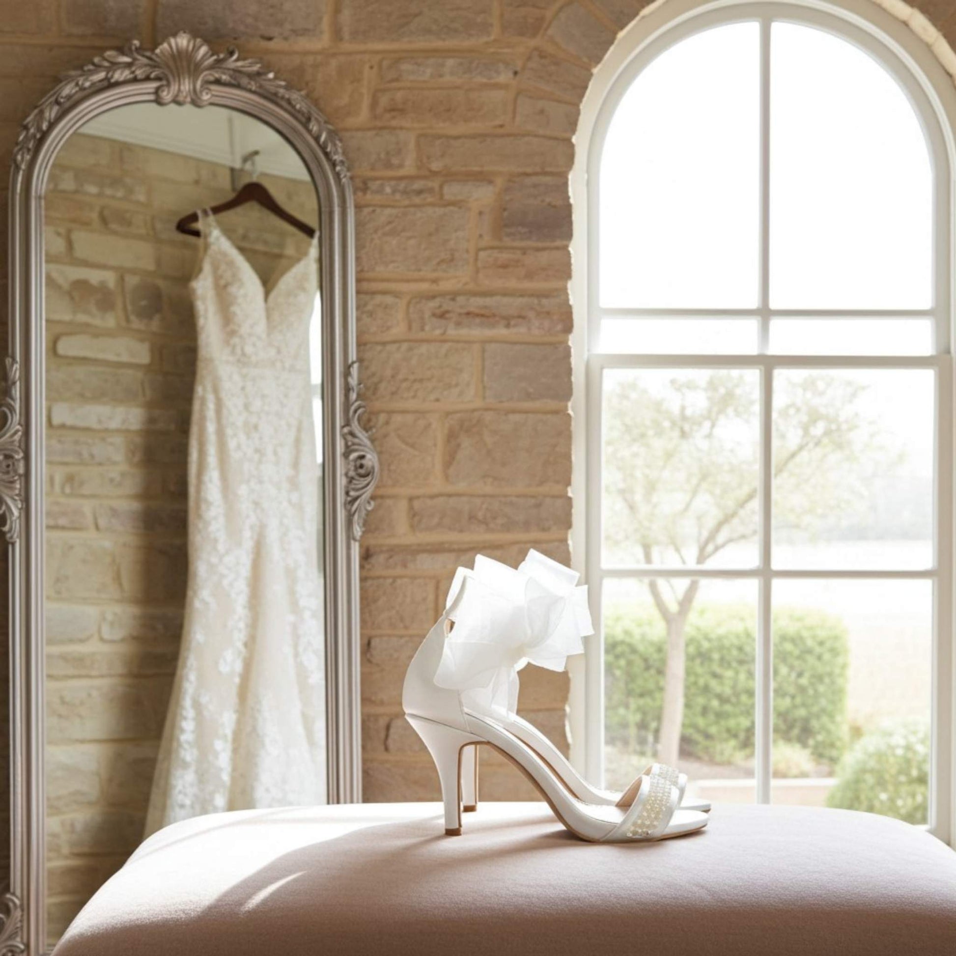 White wedding dress hanging in a mirror with a pair of pearl bridal shoes on a stool in a room with a stone wall and window.