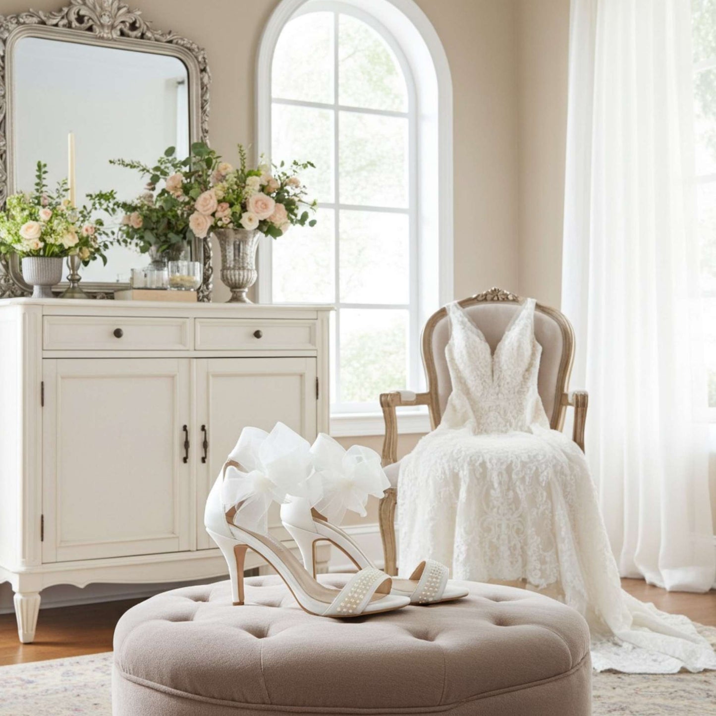 White wedding dress on a chair in a room with flowers and a mirror. Pretty bridal heels are on a beige round stool.