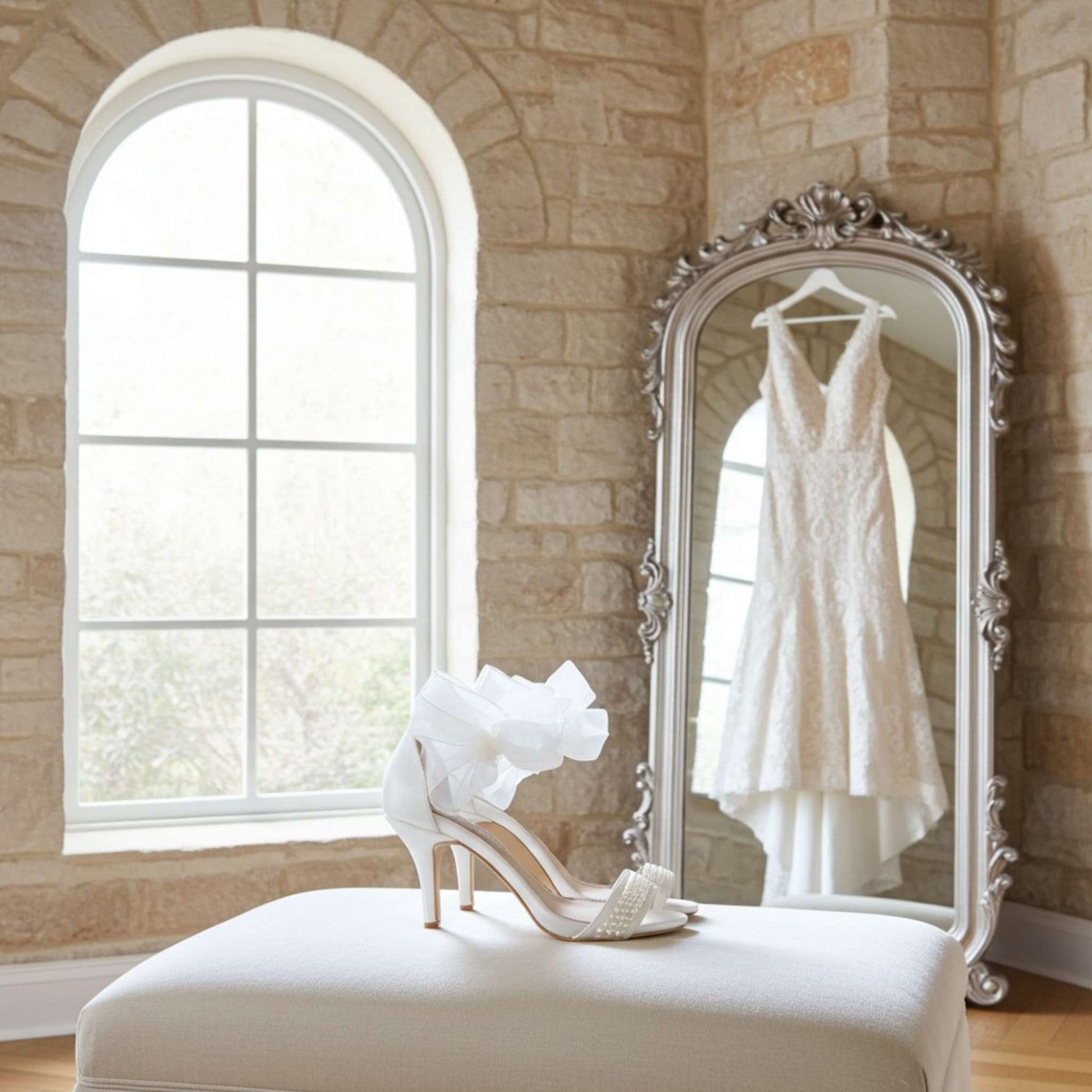 Ivory wedding dress and high heel pearl bridal shoes on a rectangular stool in front of a large mirror with stone wall background