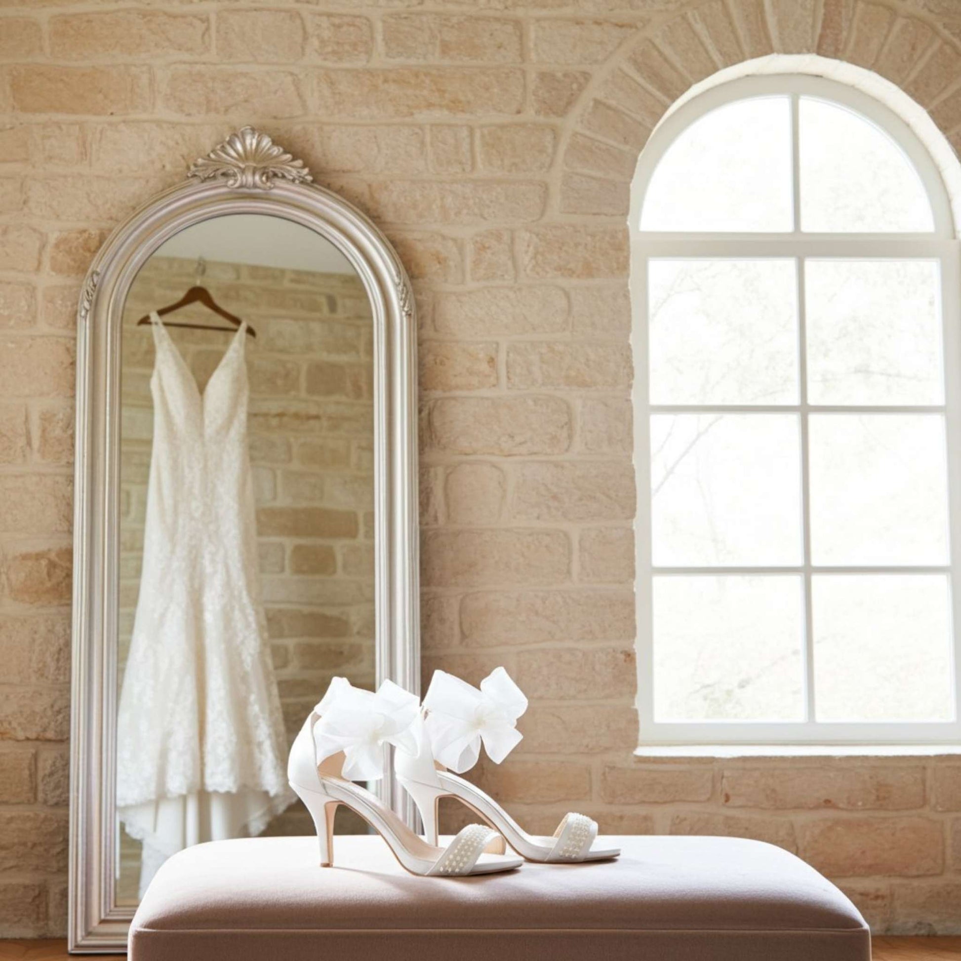 Wedding dress hanging in a mirror with ivory high-heeled shoes on a bench in a room with a brick wall and window.