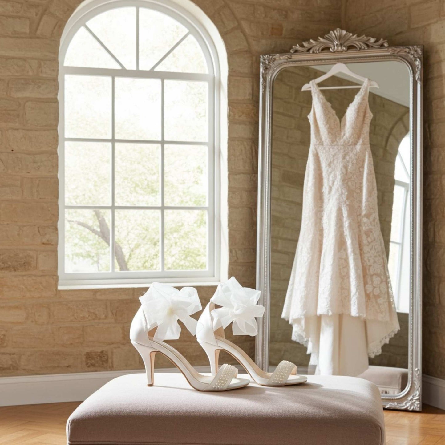 White wedding dress hanging on a mirror with ivory high-heeled wedding shoes on a stool in a room with a window.