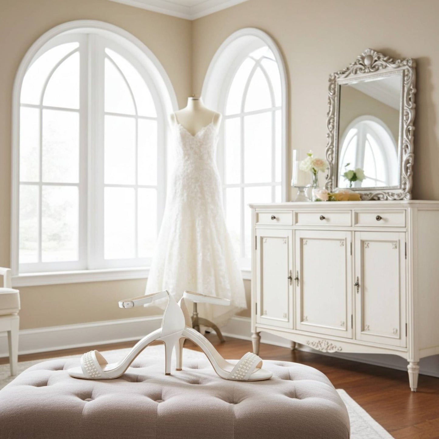 White wedding dress on a mannequin with high pearl bridal heels on a ottoman in a room with arched windows and a decorative mirror.