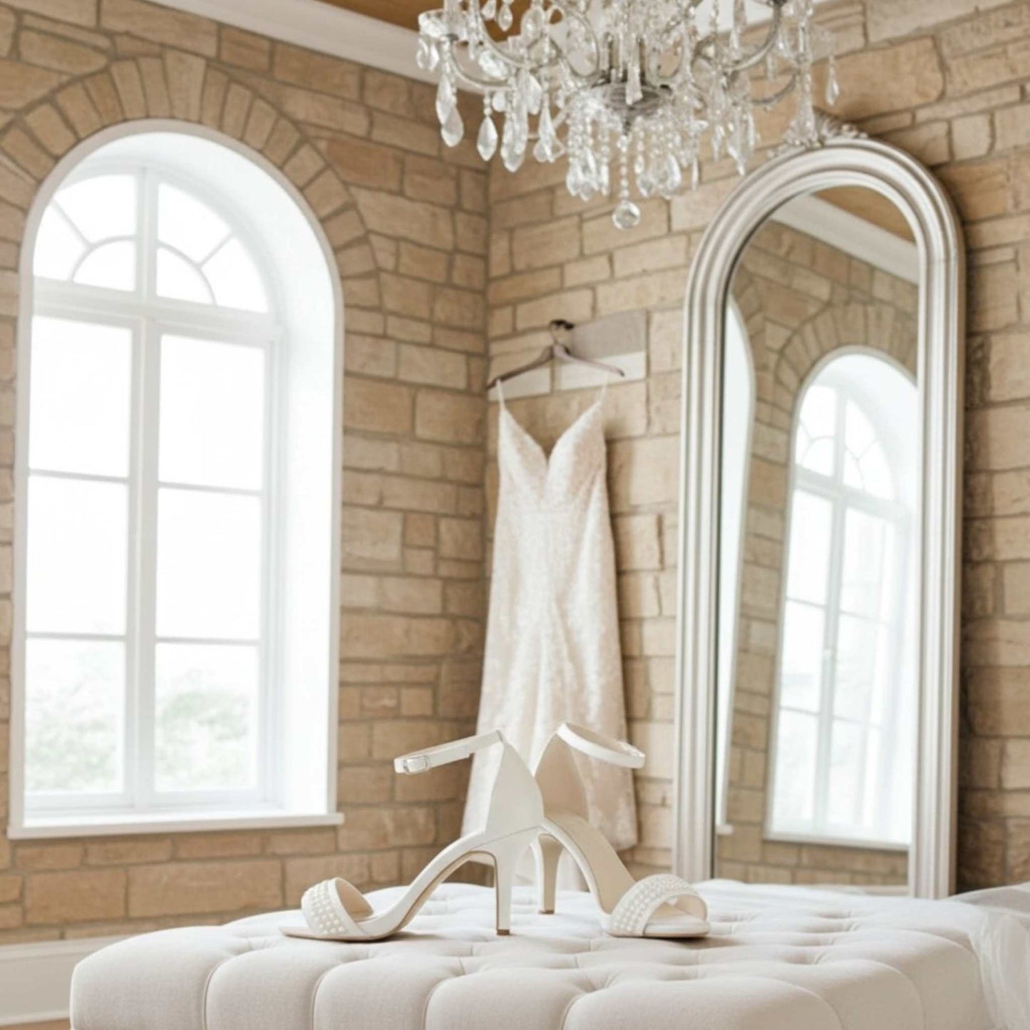 Wedding dress on a hook in a room with stone walls, large mirror, and chandelier. Pearl bridal shoes are showcased on a beige stool.