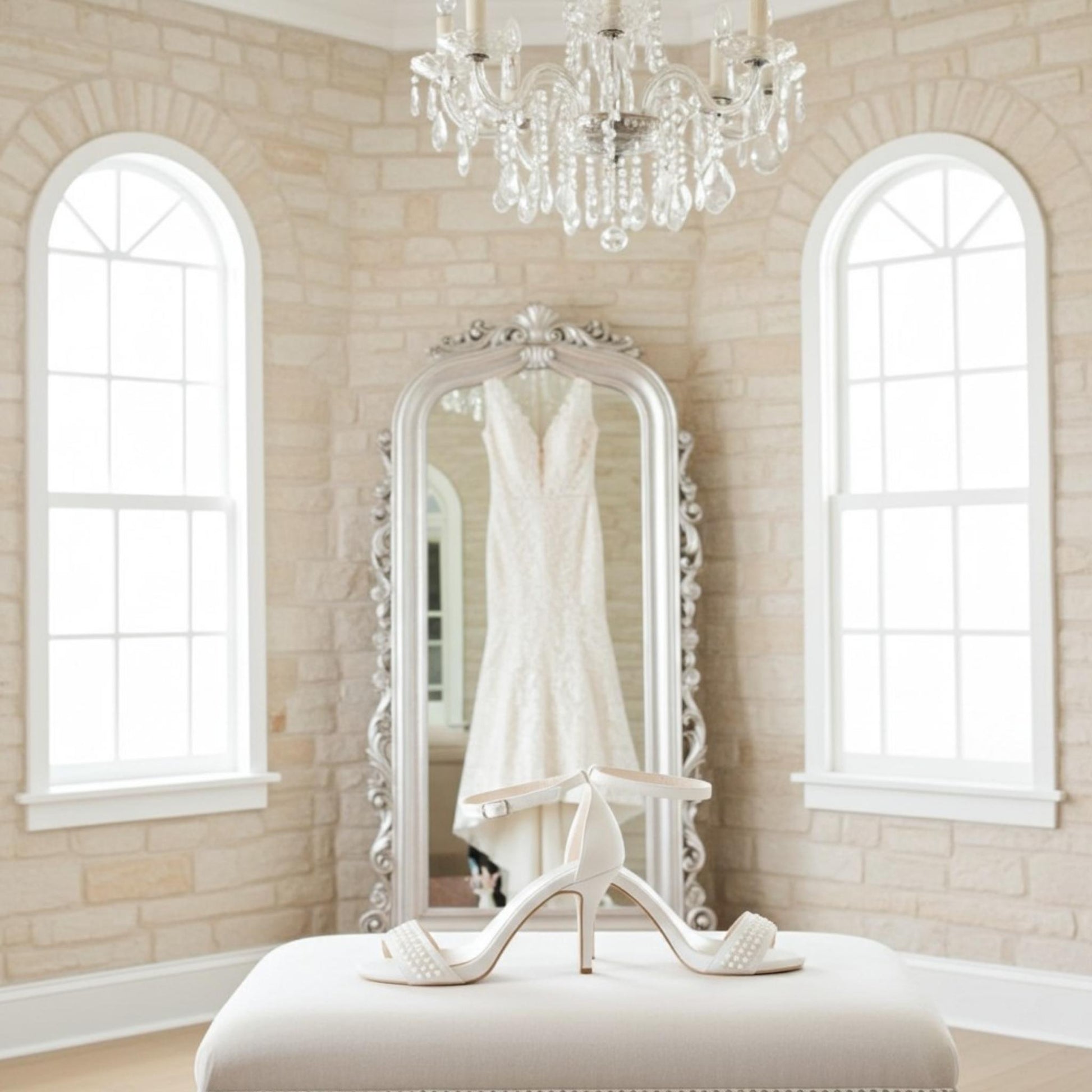 Bridal gown hanging on a decorative mirror with ivory shoes in front, in a room with large windows and a chandelier.