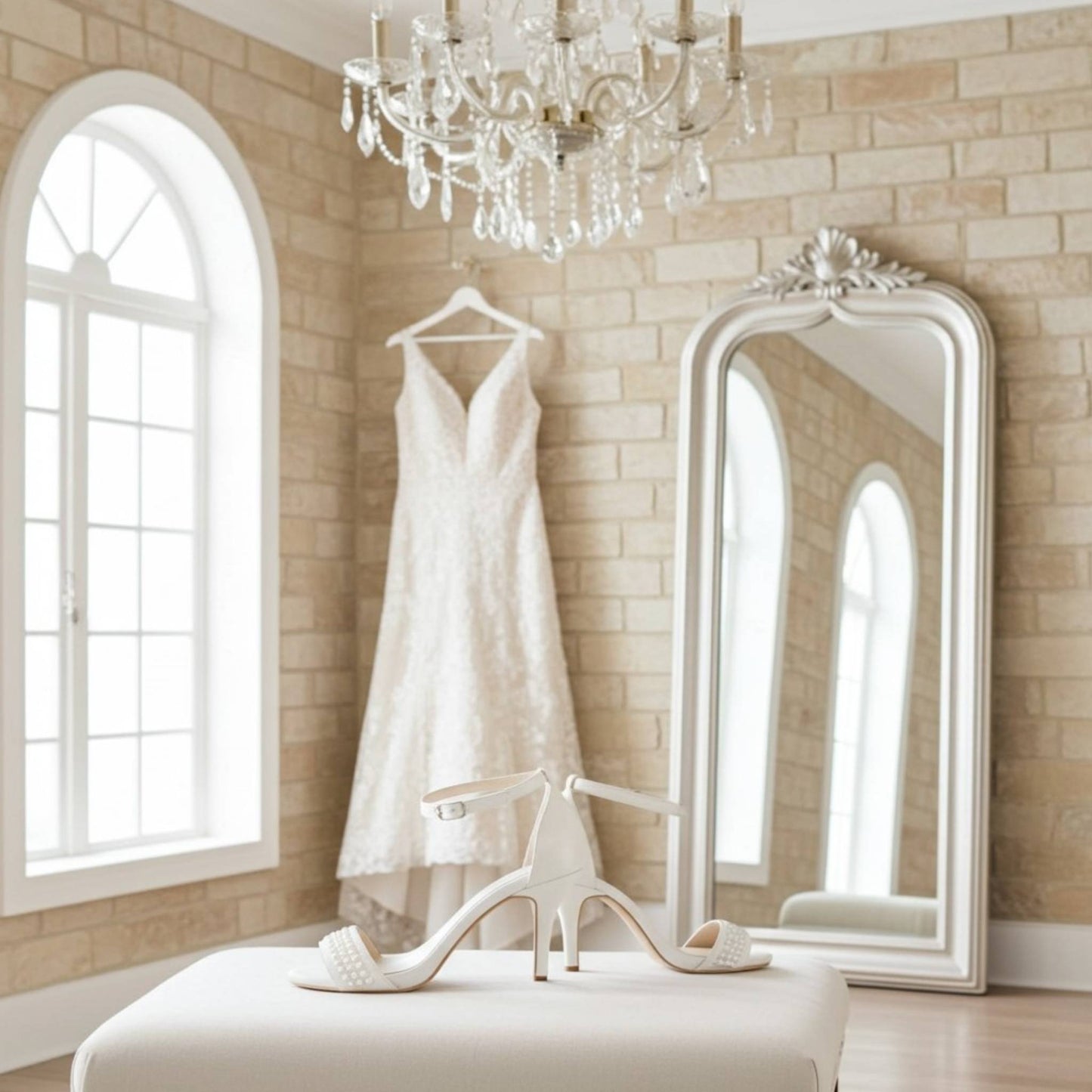 Ivory wedding dress hanging in a room with a large mirror and chandelier. High heel bridal shoes featuring pearls are on a footstool.