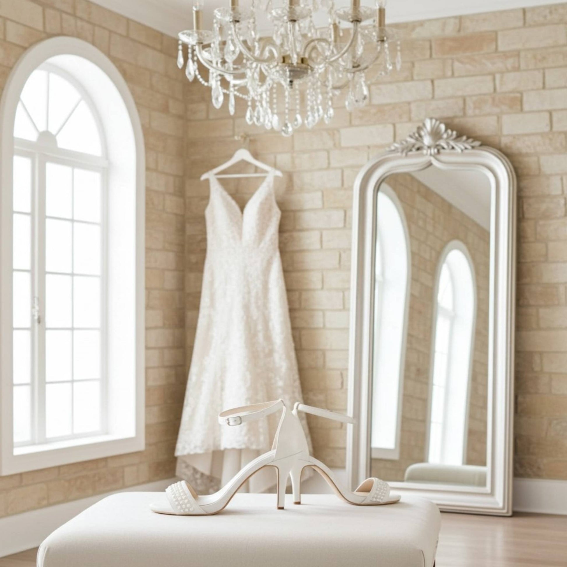 Ivory wedding dress hanging in a room with a large mirror and chandelier. High heel bridal shoes featuring pearls are on a footstool.