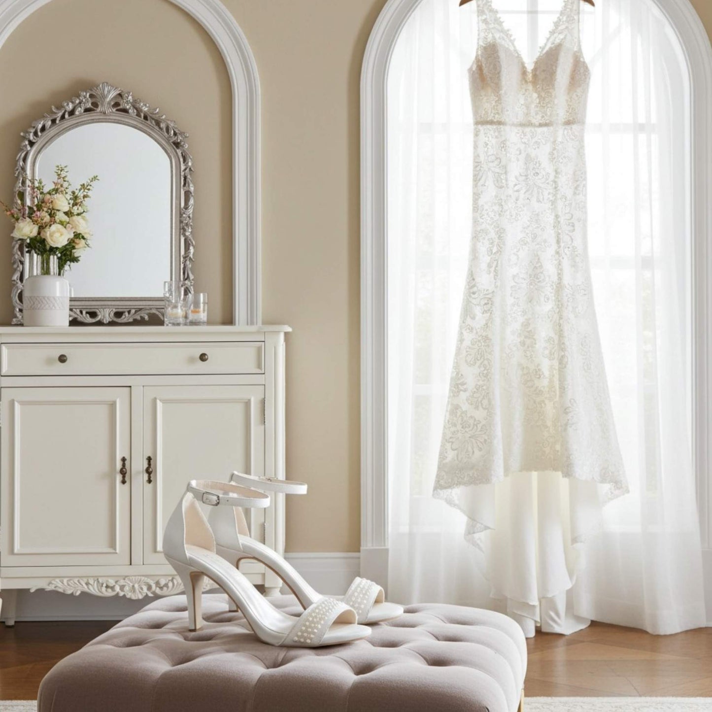 White wedding dress hanging on a rack in a room with a mirror and cabinet. Open toe pearl bridal shoes are on a ottoman.