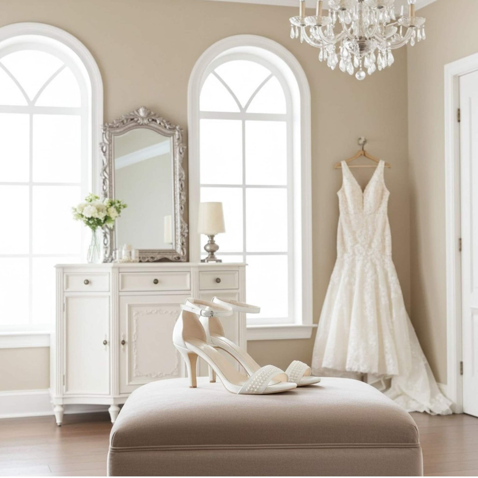 Wedding dress hanging on a hook in a room with a dresser, mirror, and high bridal heels.