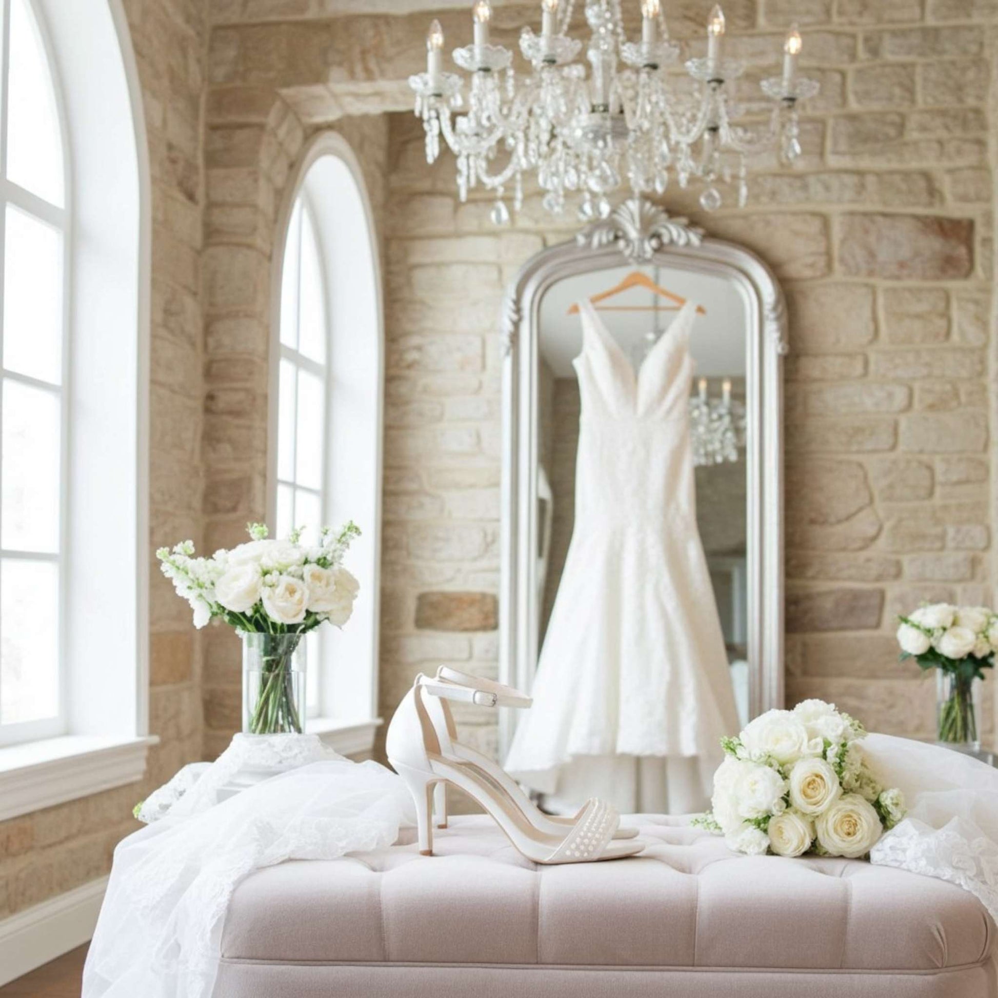 Wedding dress hanging on a mirror in a room with flowers and a chandelier. Elegant bridal shoes are between the flowers.