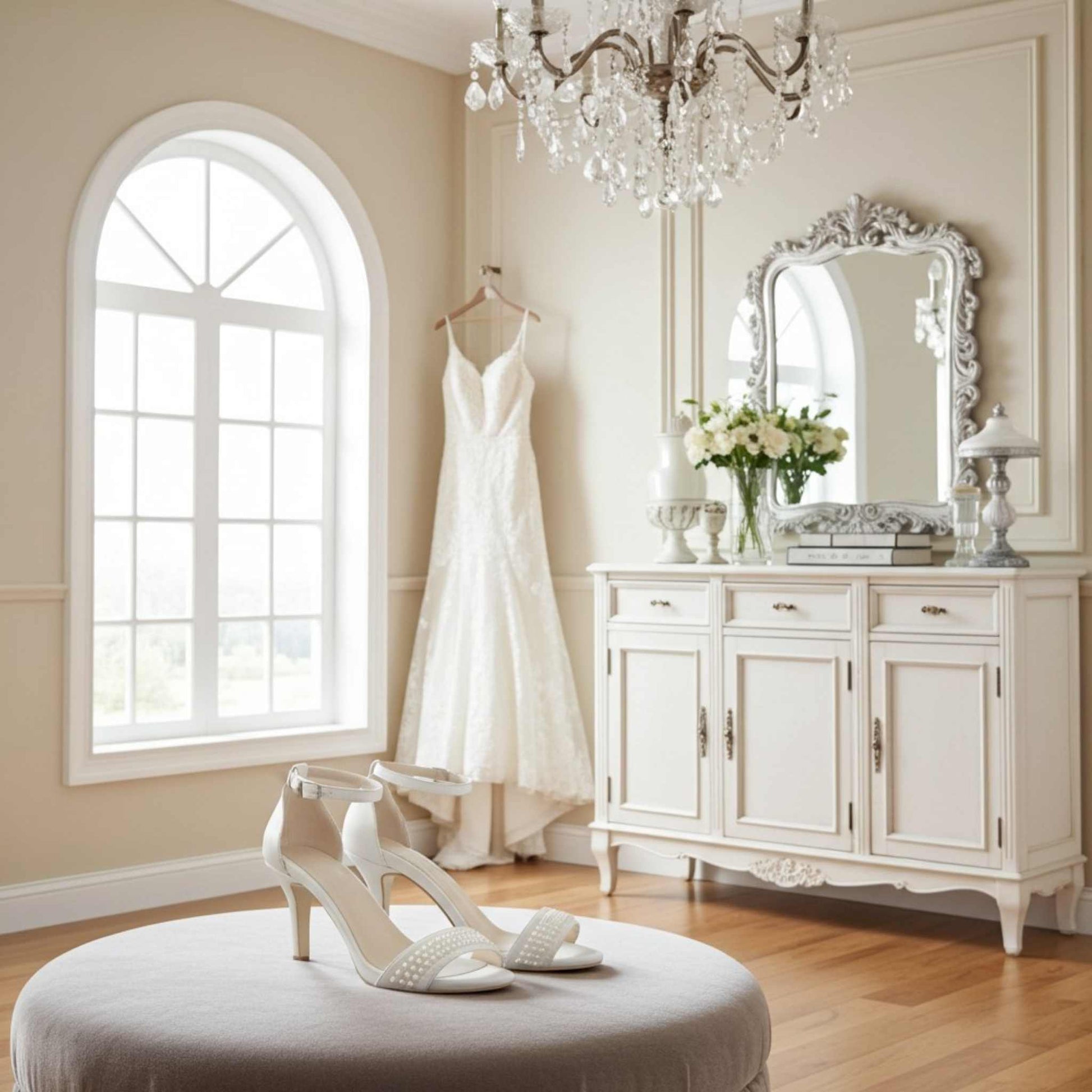 Wedding dress hanging on a hook in a room with a chandelier, mirror, and ivory pearl bridal shoes on a stool.