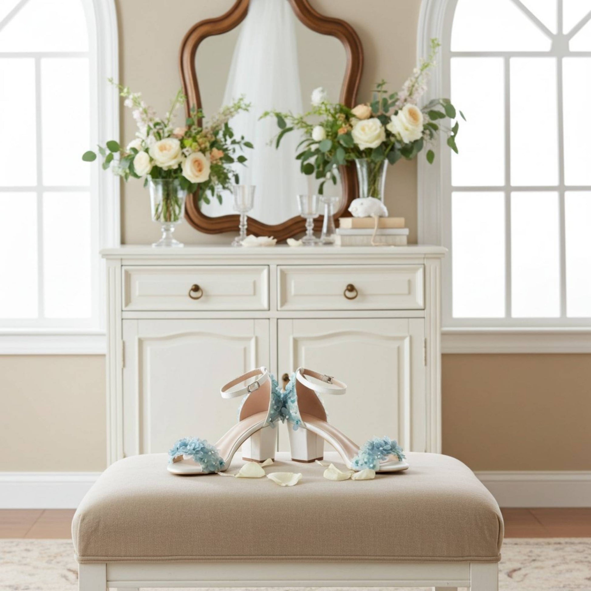 Bridal shoes with floral decorations on a beige cushion in a decorated room.