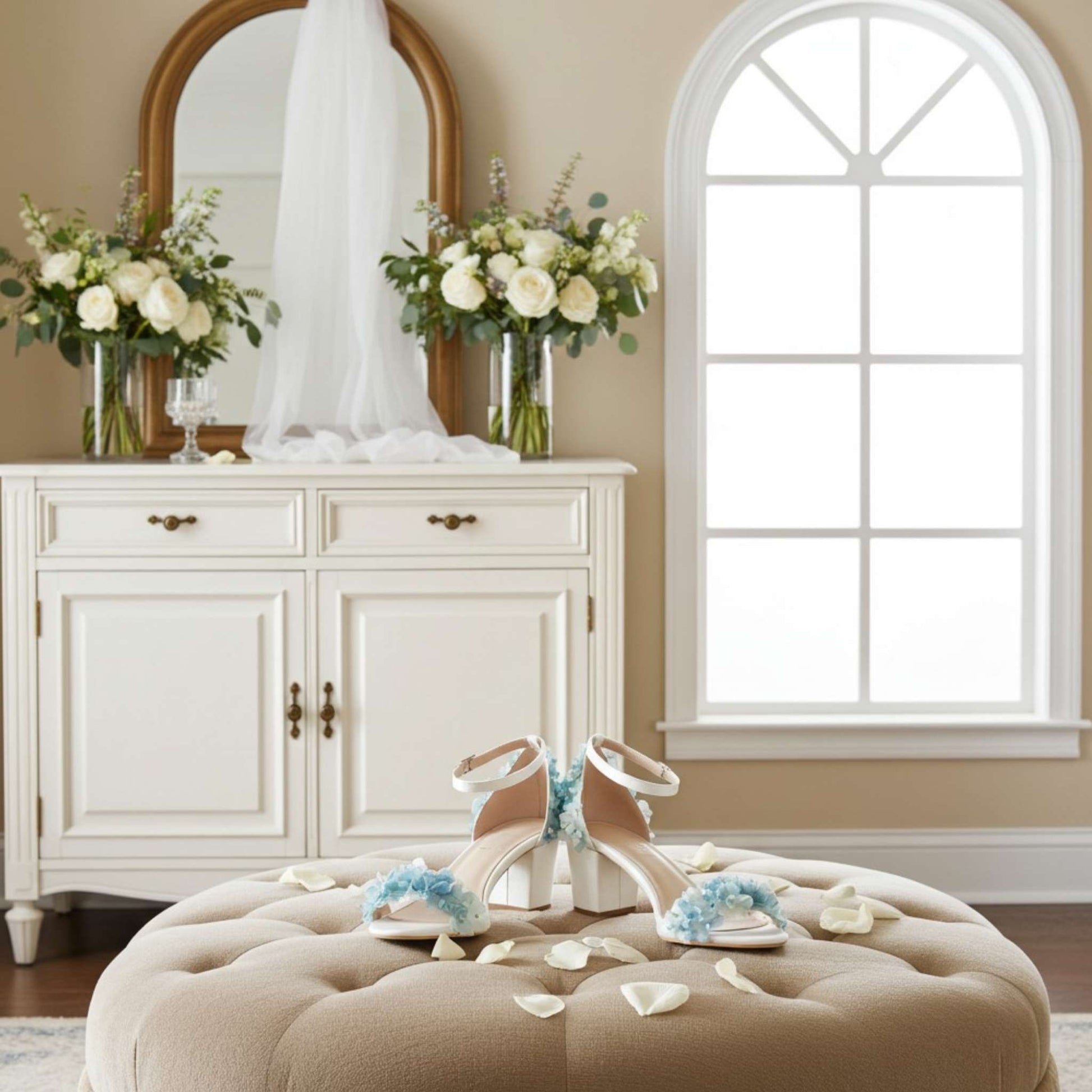 Bridal shoes with floral decorations on a beige ottoman in a room with a mirror and window.