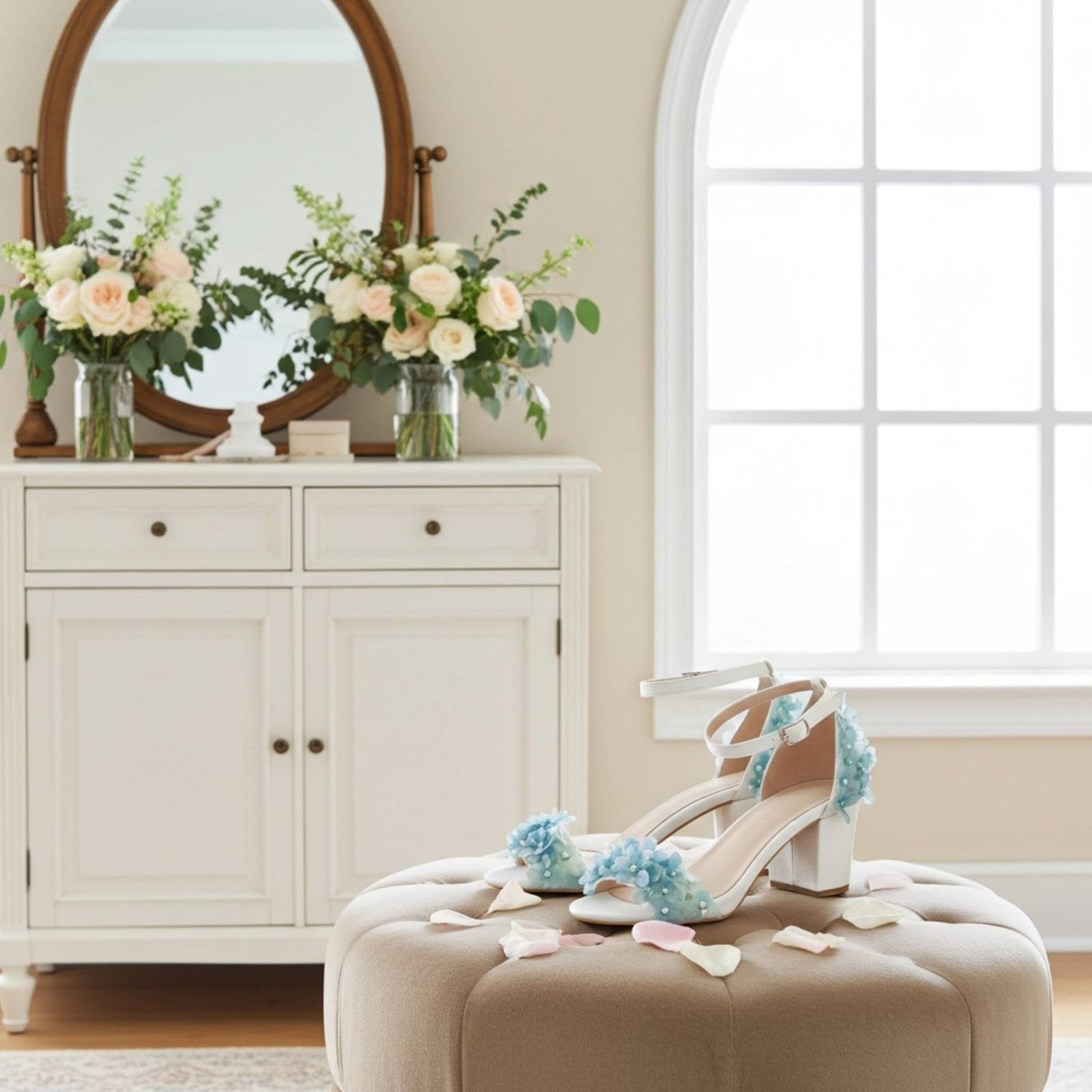 Pair of low-heeled wedding shoes with floral decorations on a beige ottoman in a room with a white dresser and mirror.