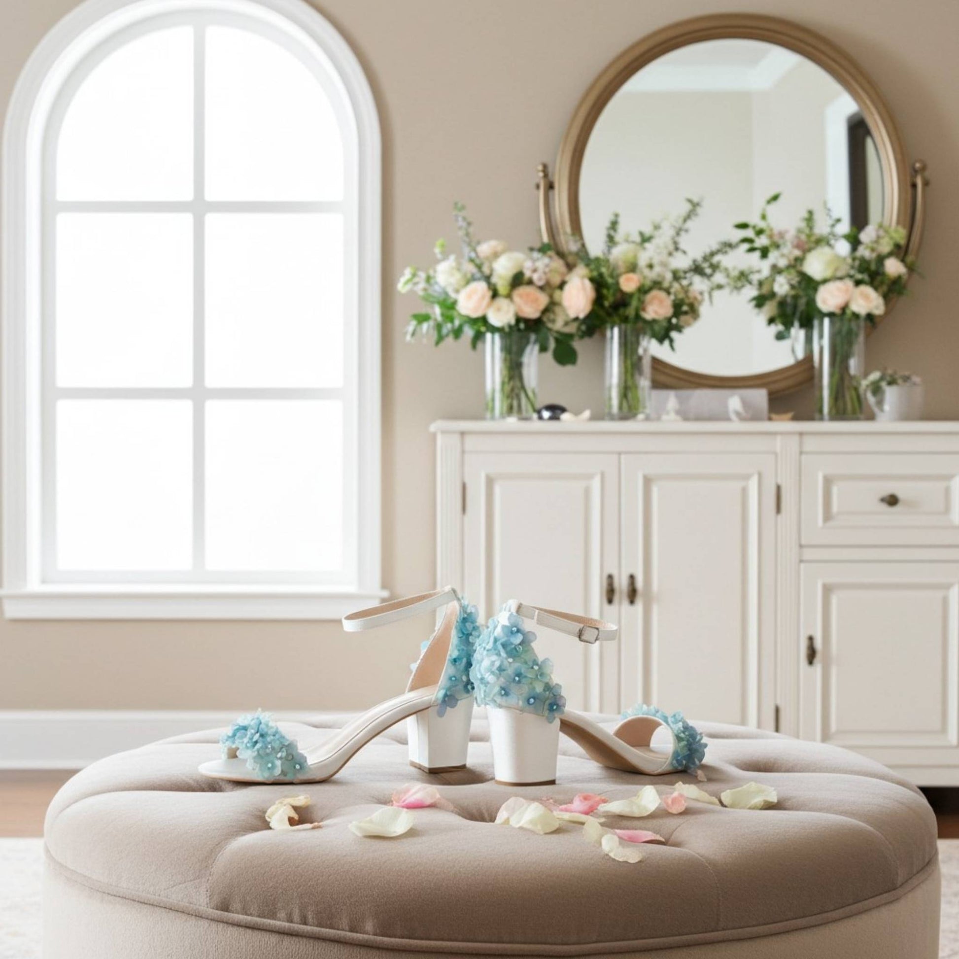 Ivory mif-heeled shoes with blue floral accents on a round beige ottoman in a room with a large mirror and floral arrangement.