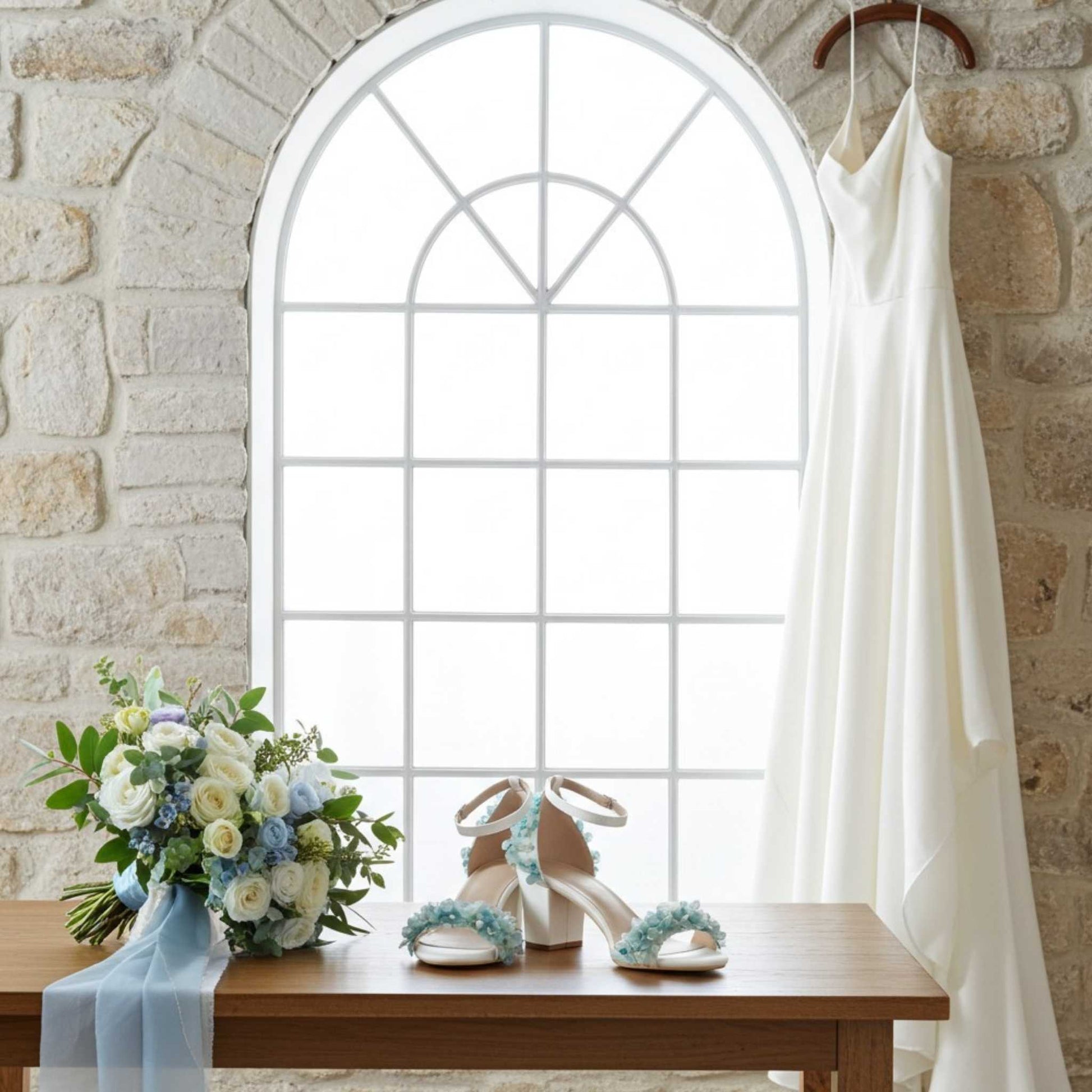 Bouquet, bridal shoes, and wedding dress on a wooden table with a stone wall and window in the background