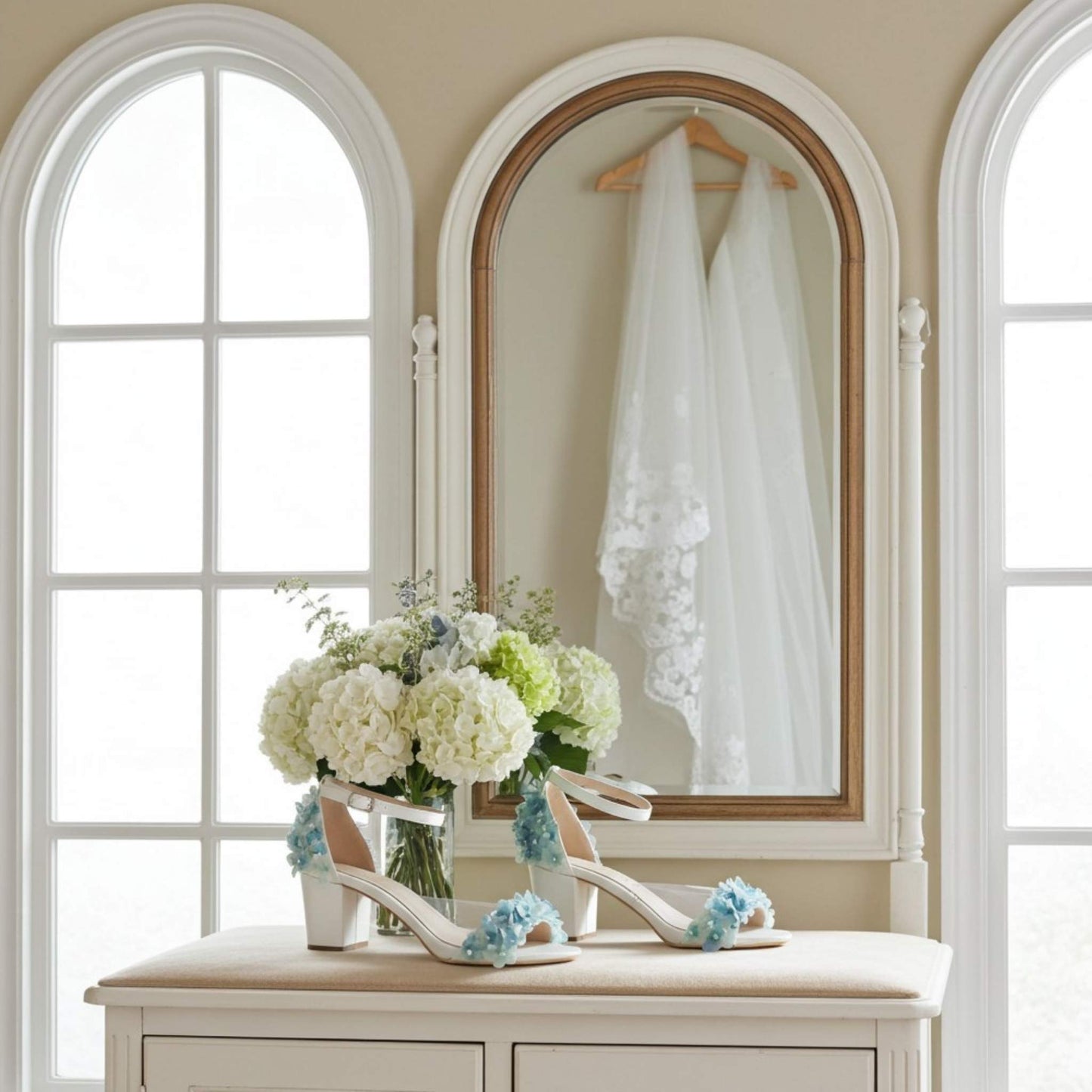 Bridal shoes with floral decorations on a dresser next to a mirror reflecting a bridal veil.