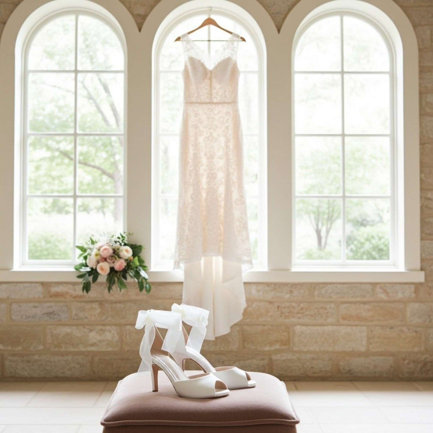 Bridal gown hanging in a room with large windows, accompanied by ivory high heel peep toe shoes and a bouquet.