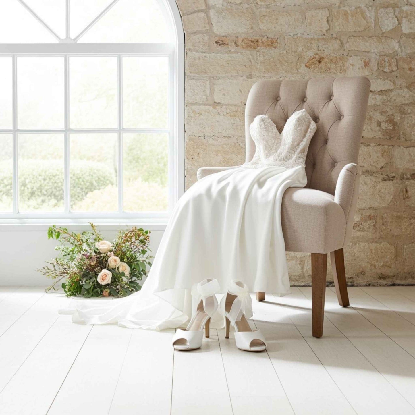 Ivory wedding dress on a chair in a bright room with large windows and a stone wall. Peep toe bridal shoes in front.