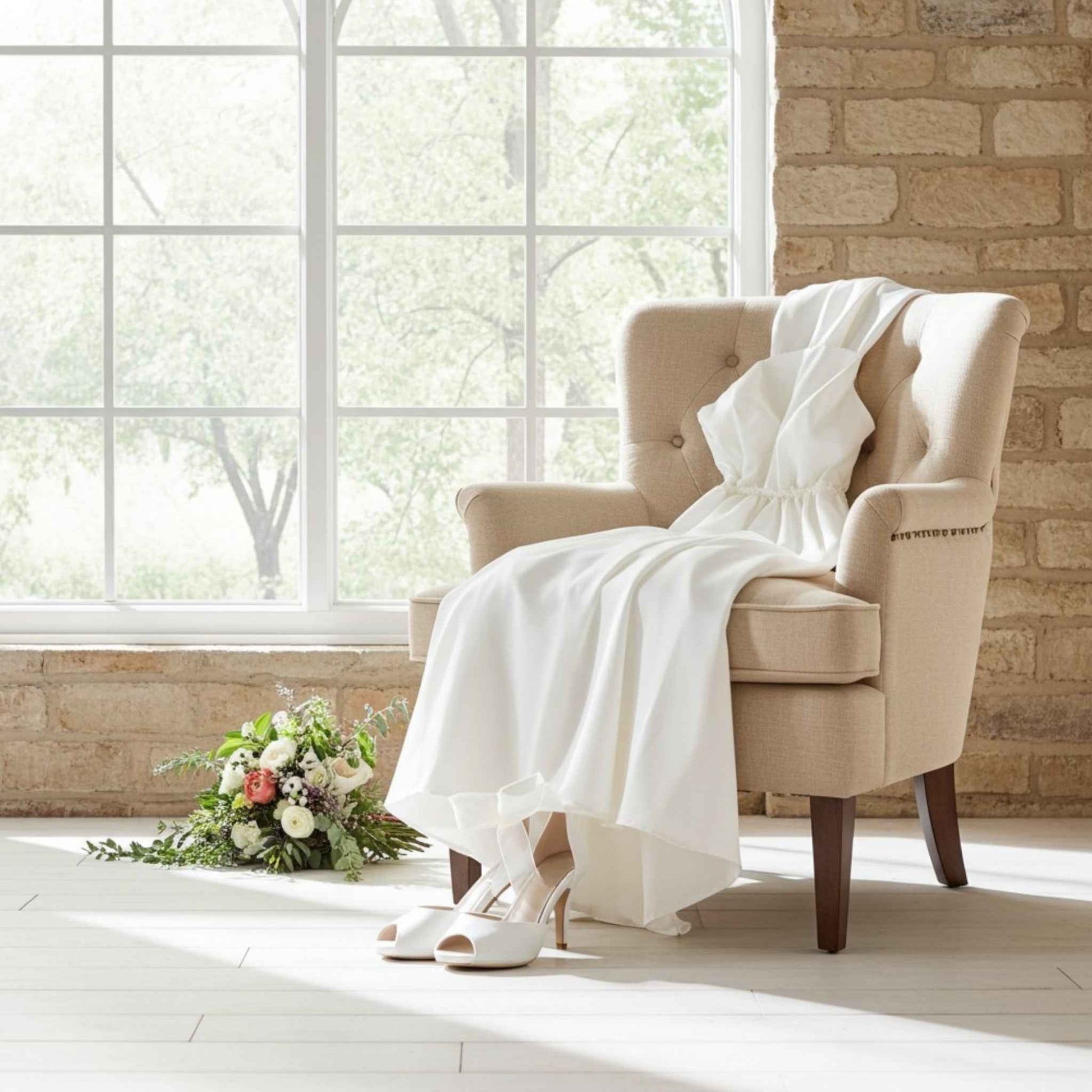 Beige armchair with a white wedding gown and Rosie peep toe bridal shoes, next to a bouquet of flowers in a bright room.