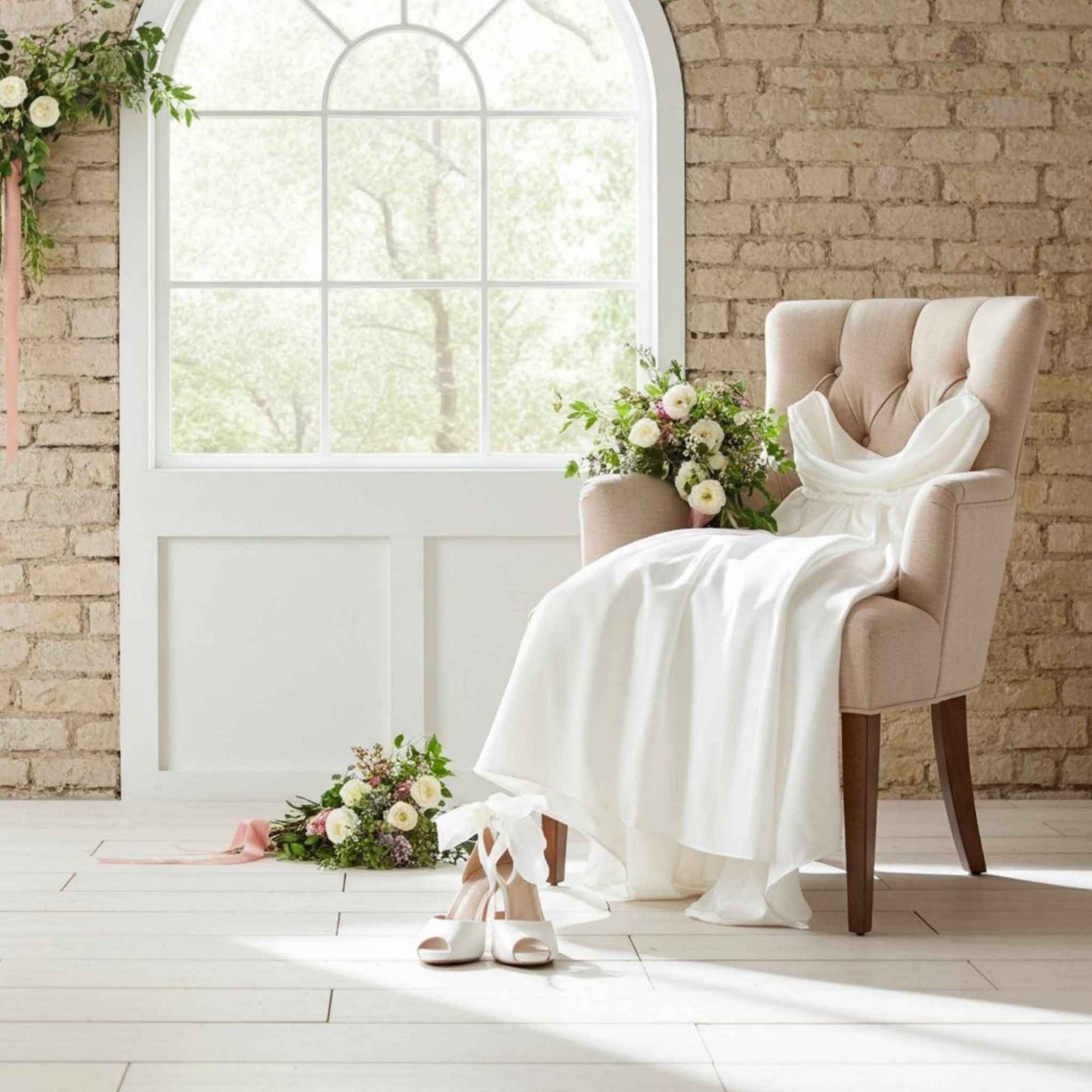 Peep toe bridal shoes on the floor with floral displays and bridal gown on a beige chair.