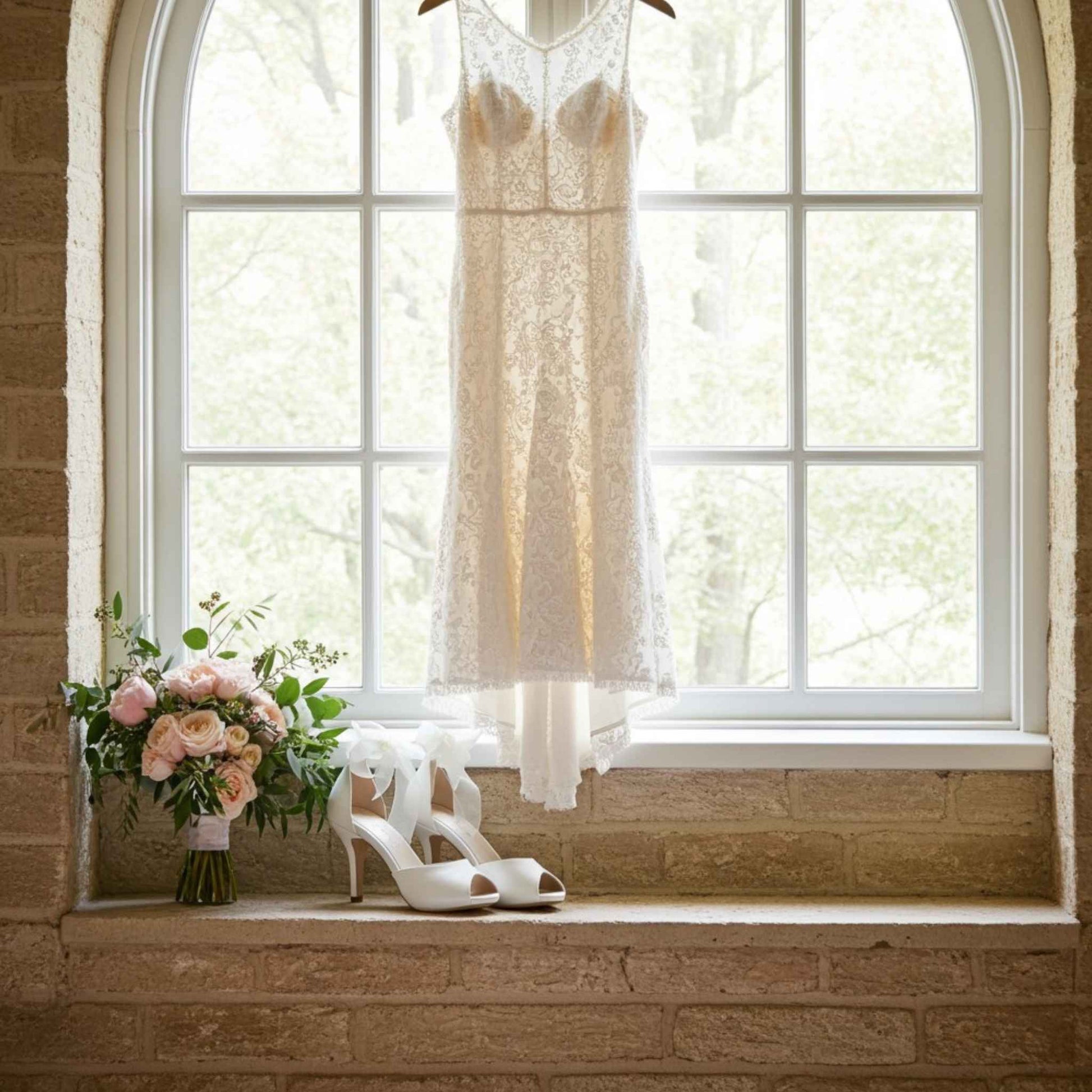 Lace wedding dress hanging on a window with ivory high heels and a bouquet of flowers on a stone ledge.