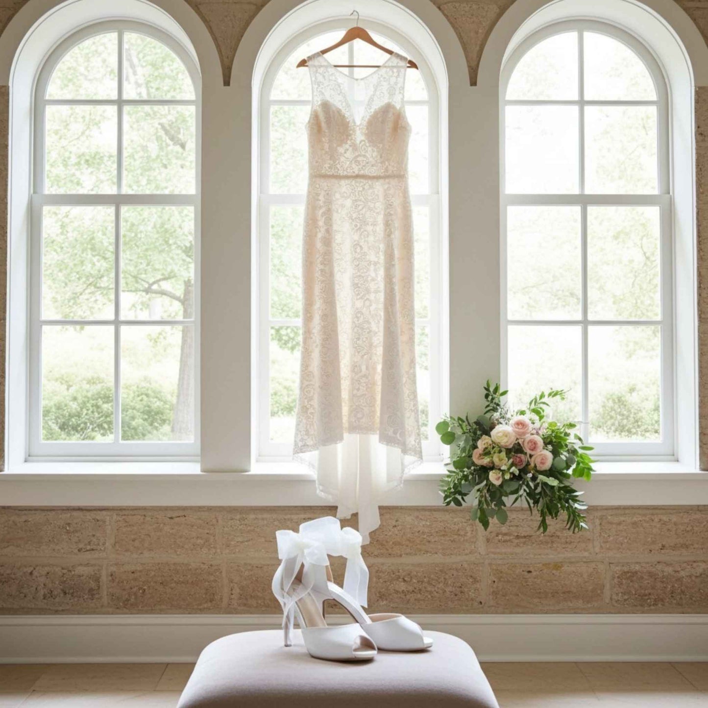 Wedding dress hanging in a window with lovely organza bridal shoes and flowers on a stool below.