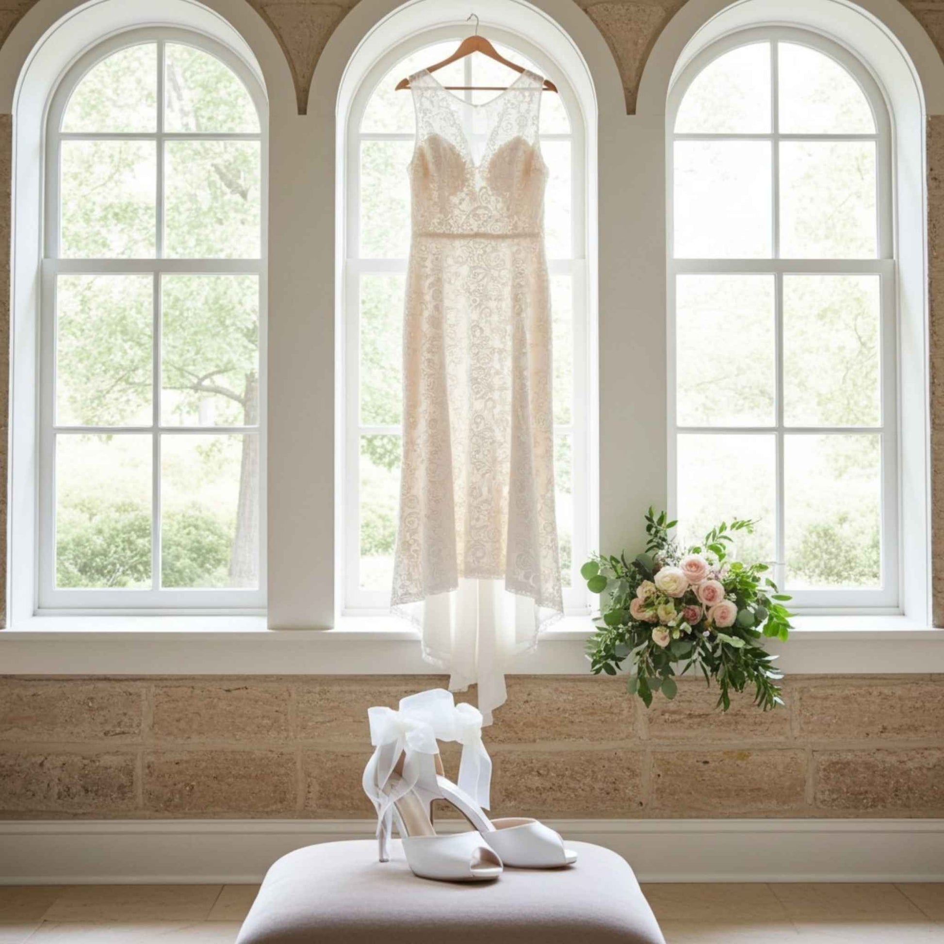 Wedding dress hanging in a window with lovely organza bridal shoes and flowers on a stool below.