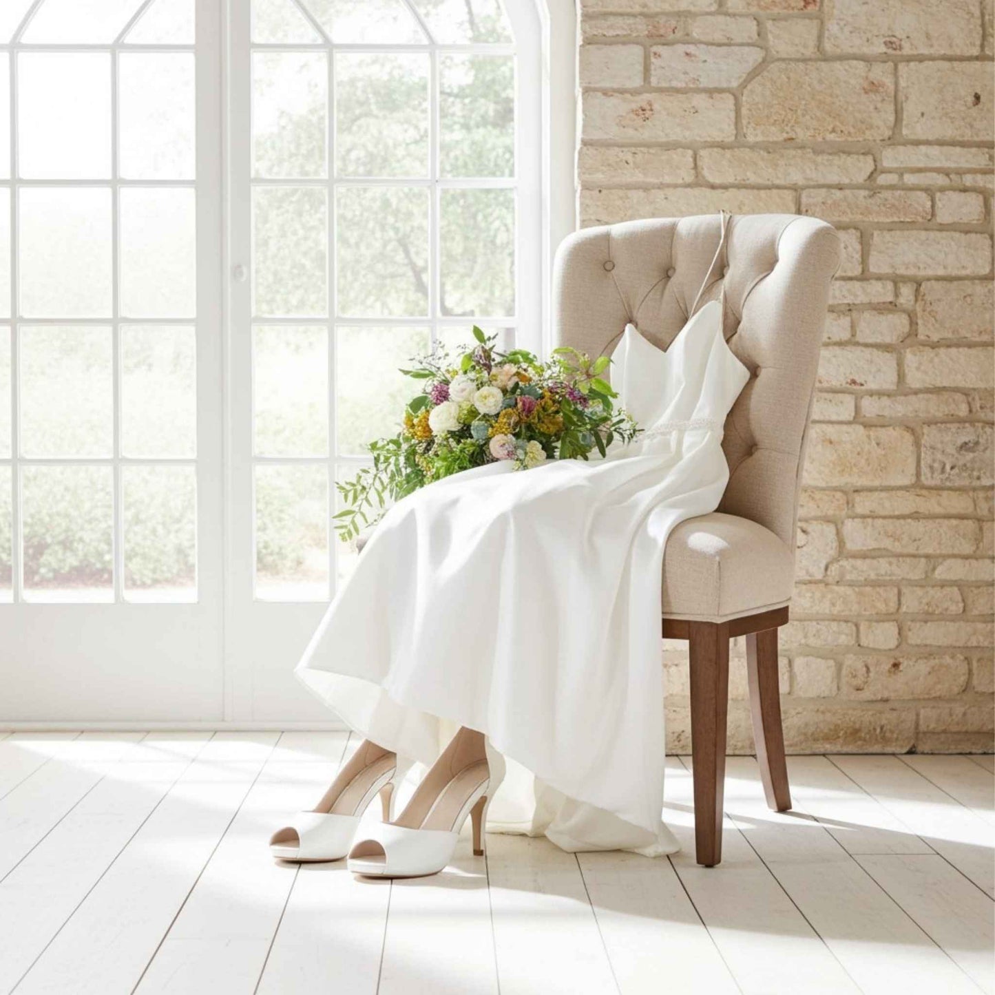 Beige armchair with a ivory gown and floral arrangement against a stone. wall. Peep toe bridal shoes also.