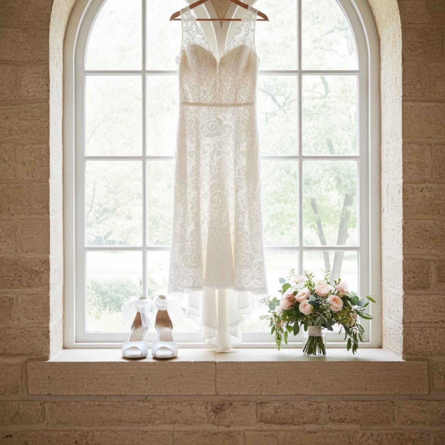 Ivory lace wedding dress hanging in front of a large window with our peep toe bridal shoes and flowers on the windowsill.