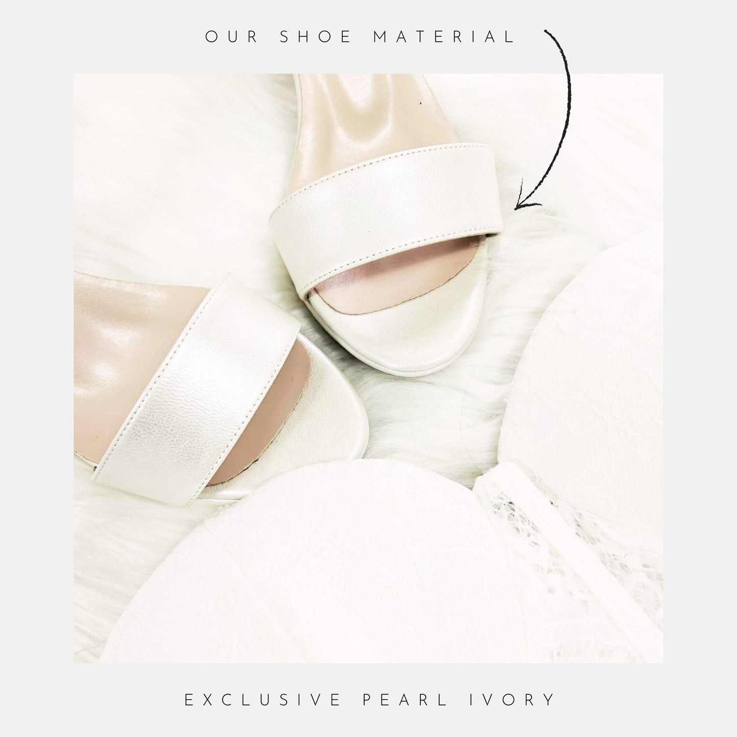 Close-up of an ivory shoe with 'Exclusive Pearl Ivory' text on a light background