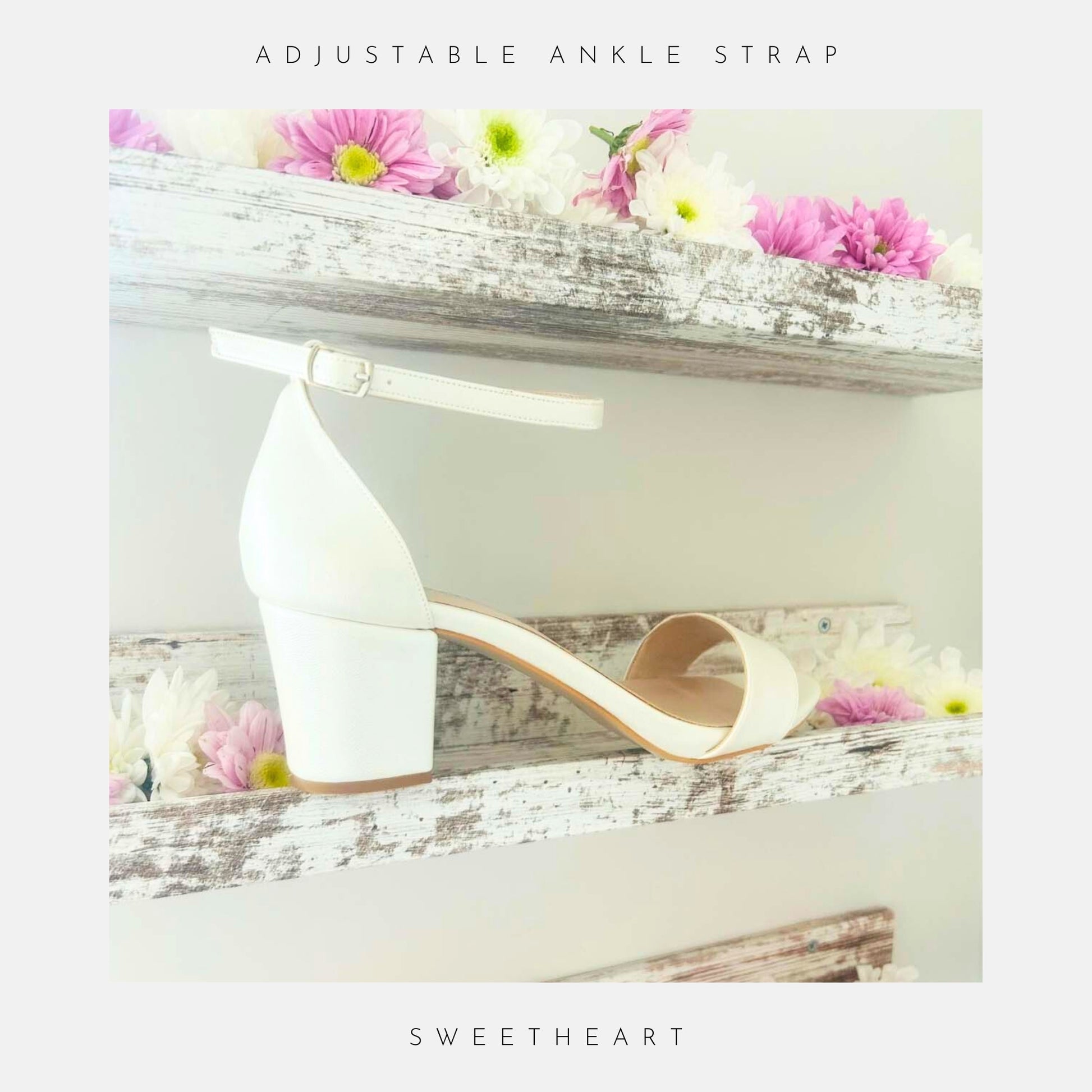 Ivory high-heeled wedding shoe with adjustable ankle strap on a decorative shelf with flowers