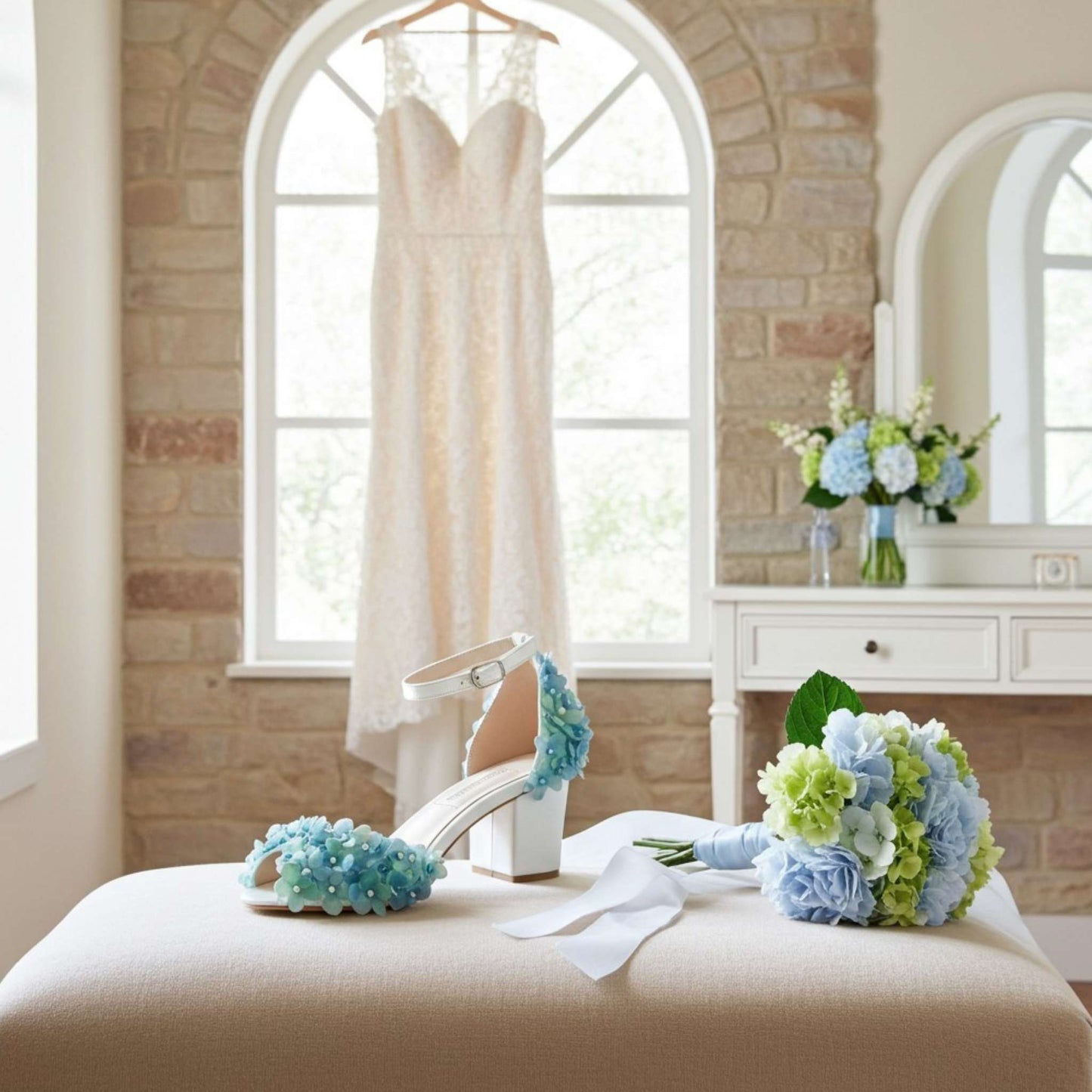 Bridal shoes with floral decorations on a bed in a room with a window and mirror.