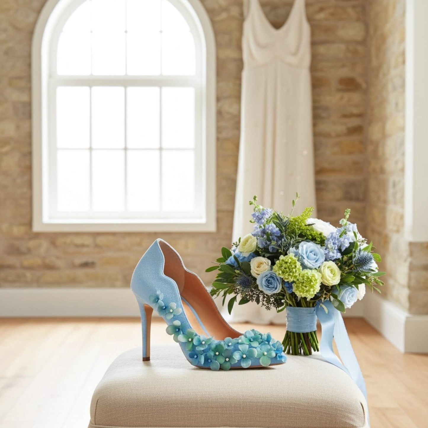 Blue high-heeled wedding shoes with pearl and flower embellishments and a bouquet of flowers on a white stool.