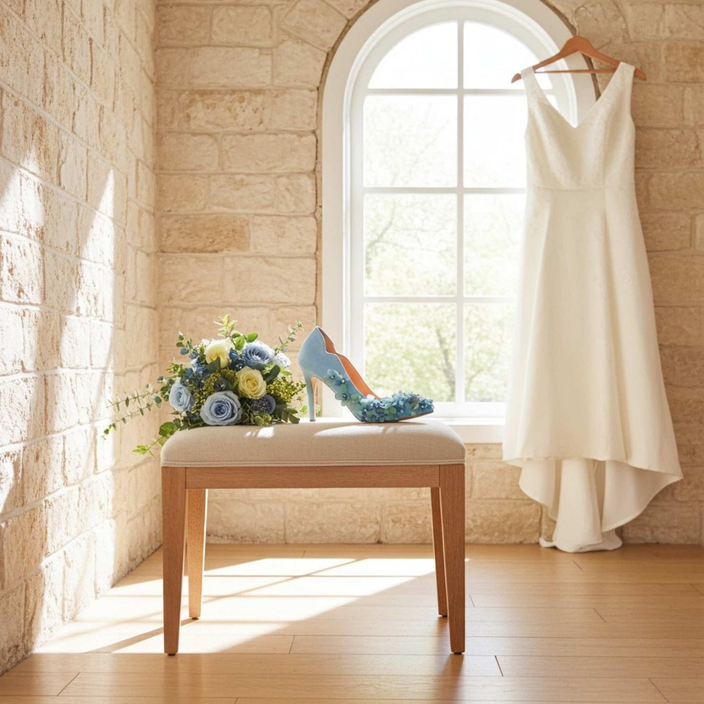 Ivory wedding dress hanging on a brick wall with a bench and flowers in front, single floral bridal court shoe.