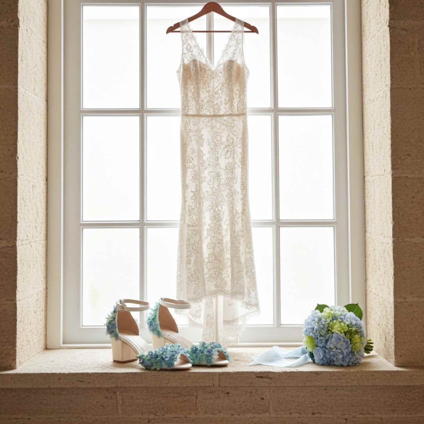 Wedding dress hanging by a window with peep toe floral shoes and bouquet on a windowsill.