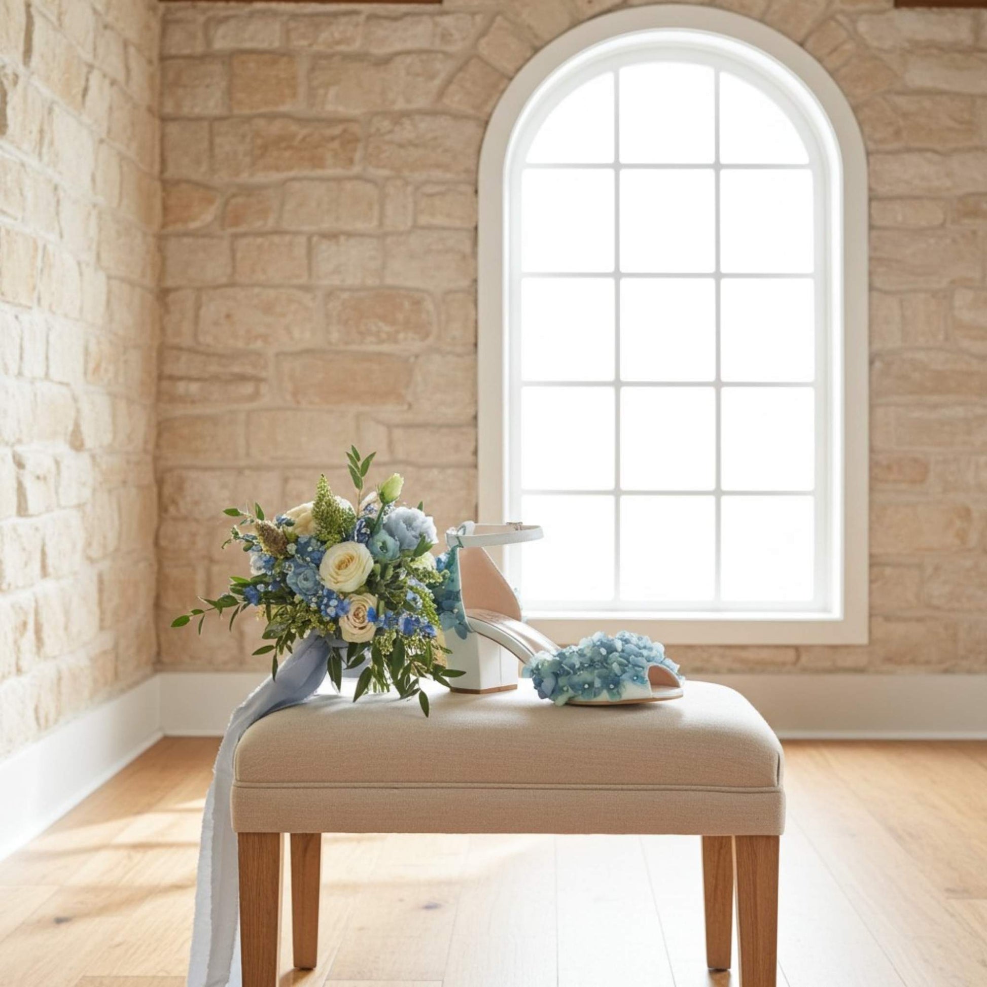 Bouquet of flowers and blue floral wedding shoes on a bench in a room with stone walls and a large window.